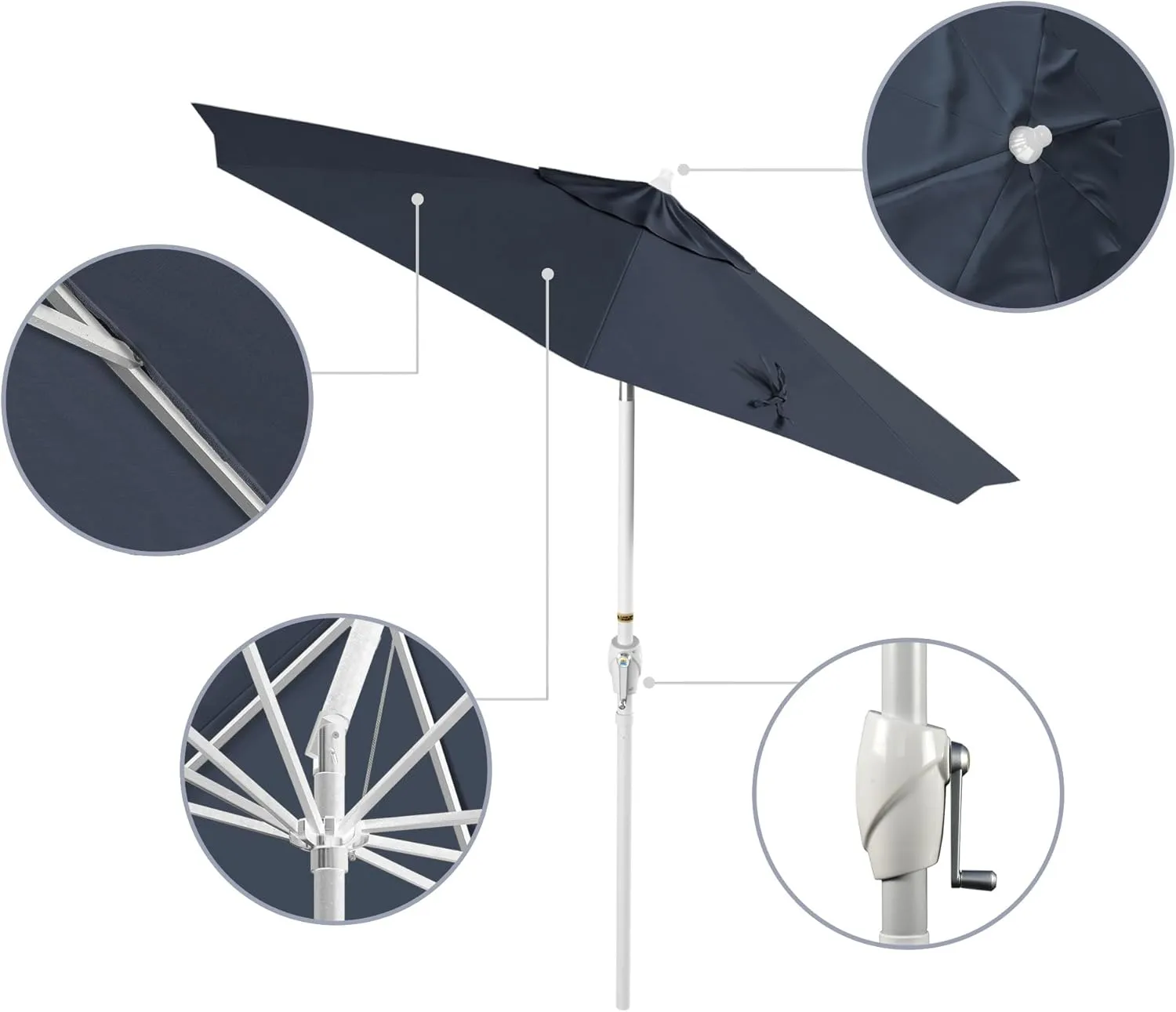 California Umbrella 7.5' Rd Aluminum Patio Umbrella, Crank Lift, Auto Tilt, White Finish, Sunbrella Regatta
