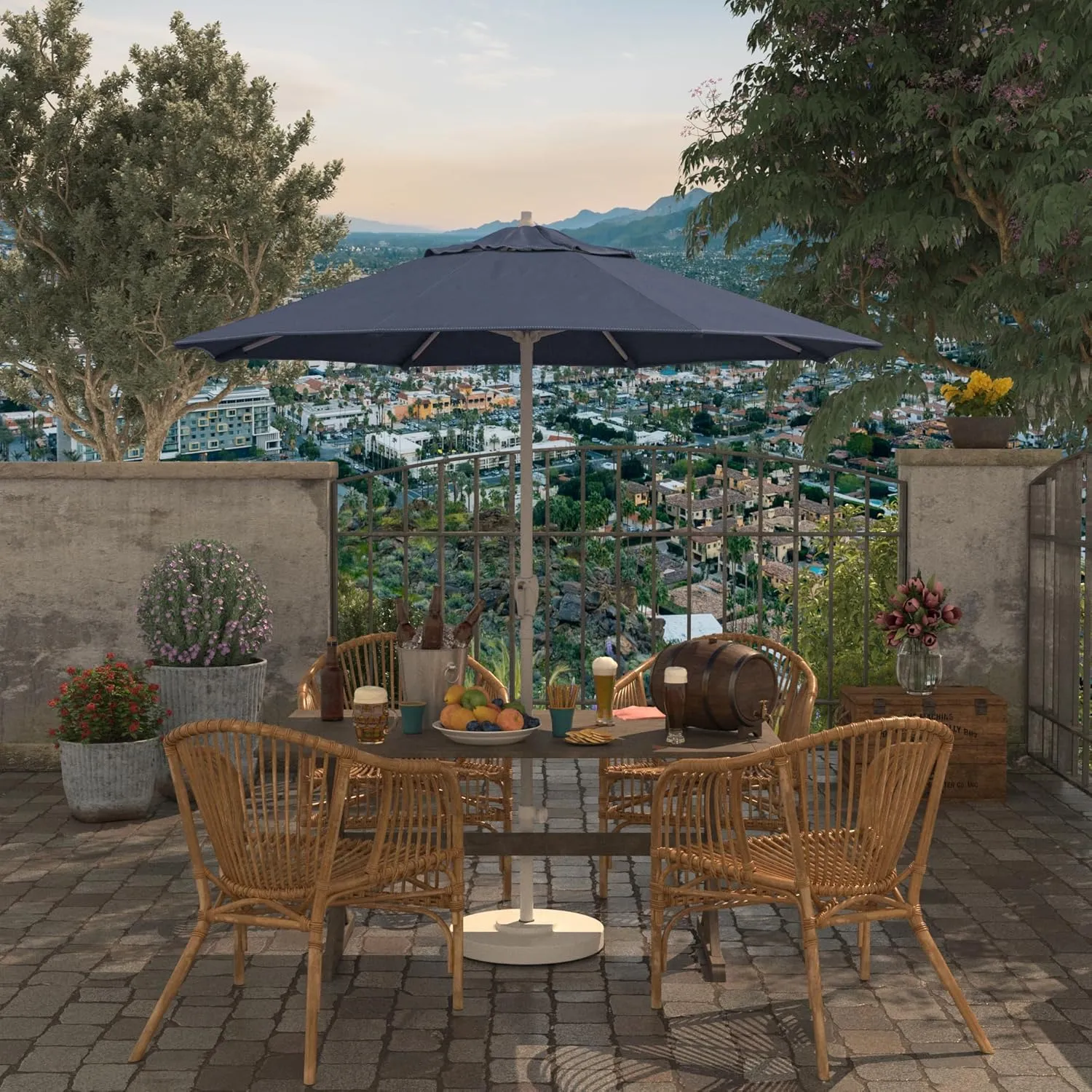 California Umbrella 7.5' Rd Aluminum Patio Umbrella, Crank Lift, Auto Tilt, White Finish, Sunbrella Regatta