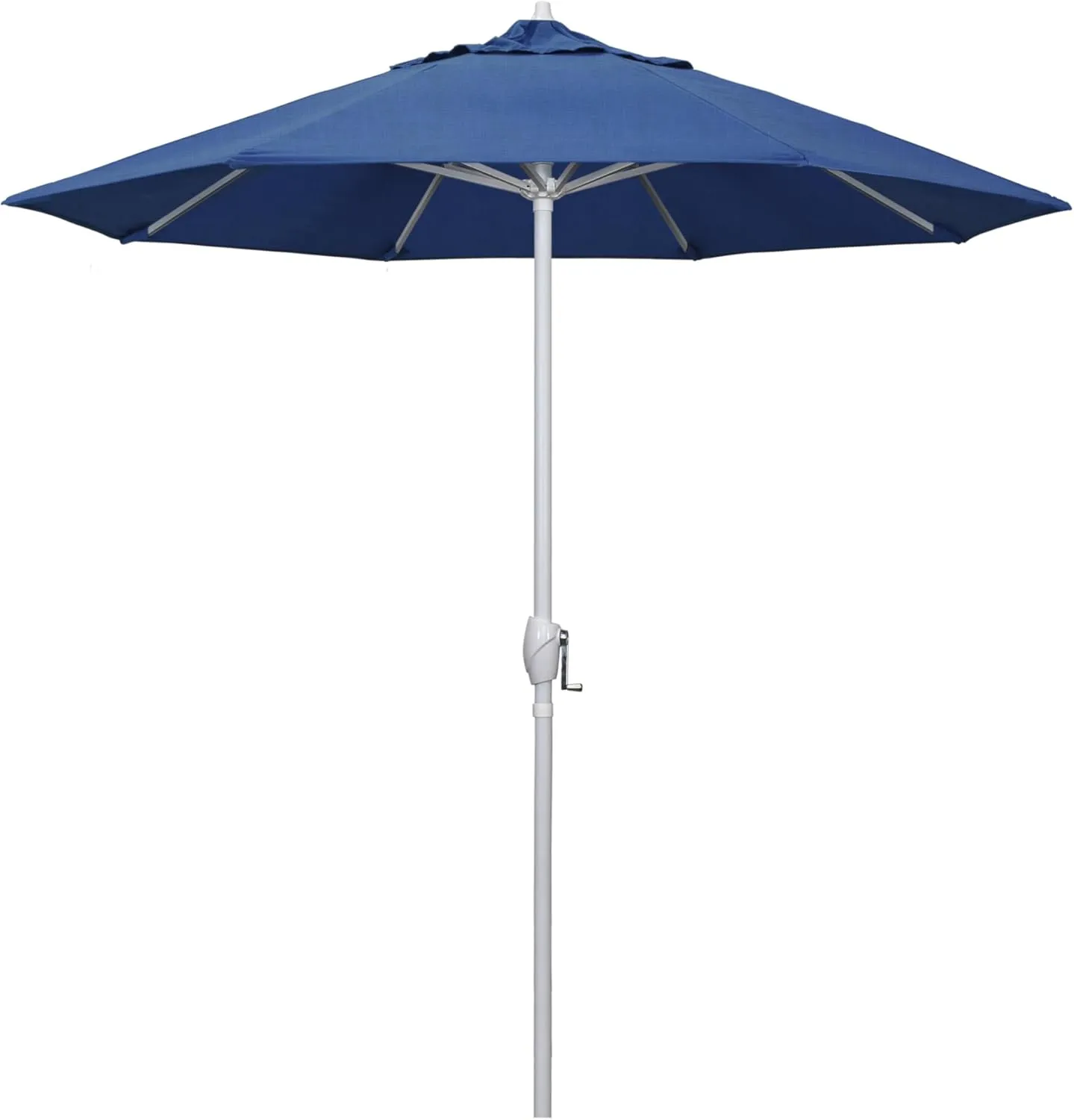 California Umbrella 7.5' Rd Aluminum Patio Umbrella, Crank Lift, Auto Tilt, White Finish, Sunbrella Regatta