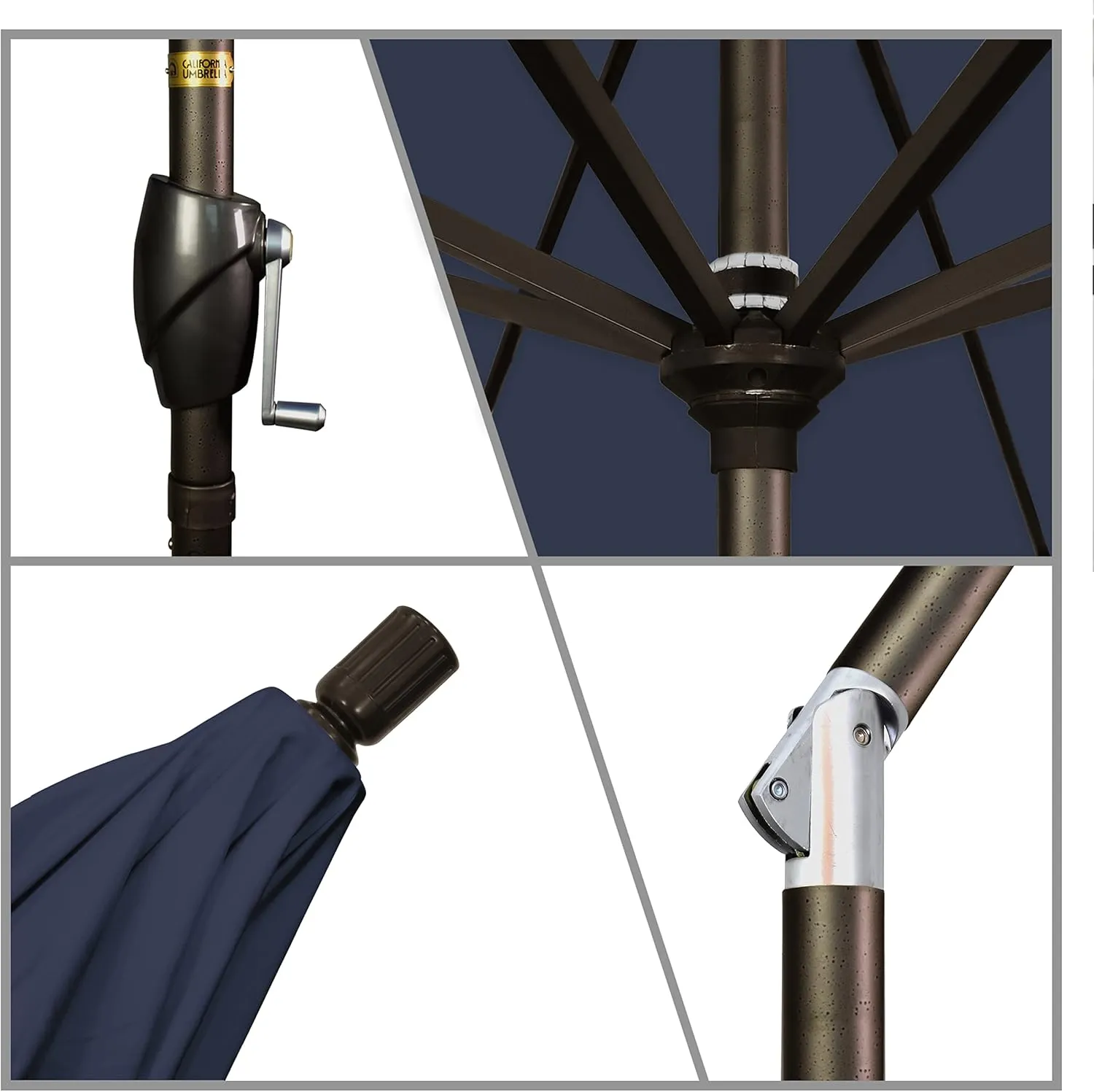 California Umbrella 7.5' Round Aluminum Market Umbrella, Crank Lift, Push Button Tilt, Bronze Pole, Navy