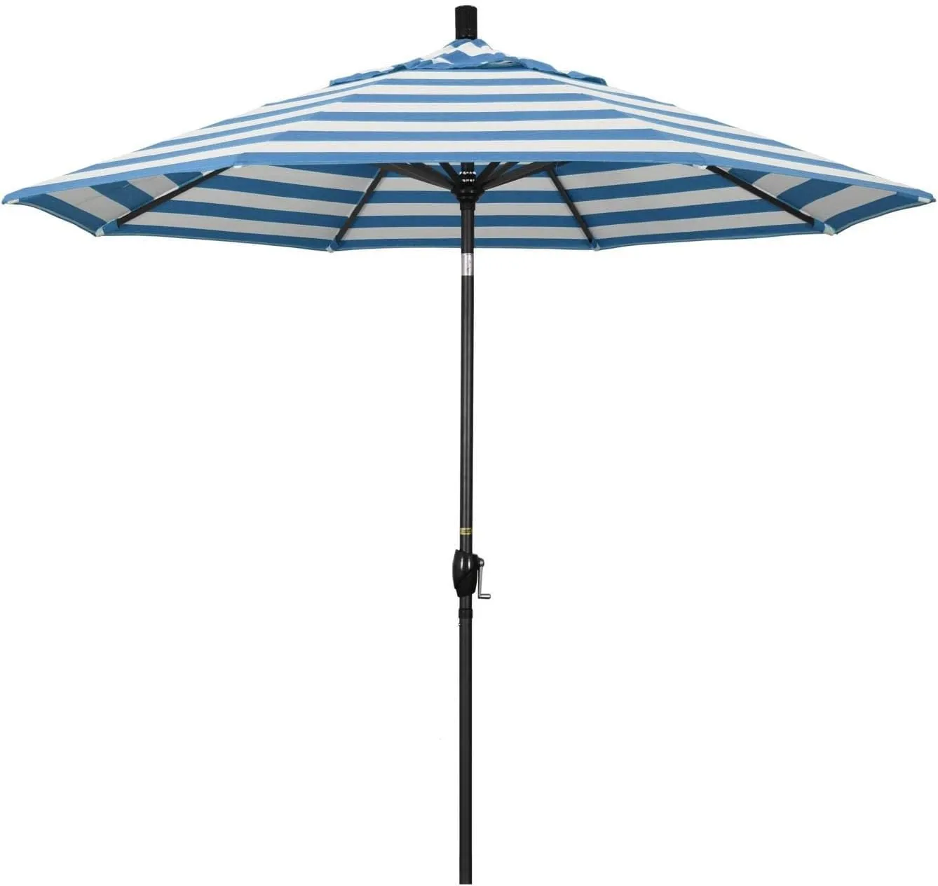 California Umbrella 9' Rd Pacific Trail Series Aluminum Patio Umbrella, Crank Lift, Push Button Tilt, Black Finish, Sunbrella Cabana Regatta fabric