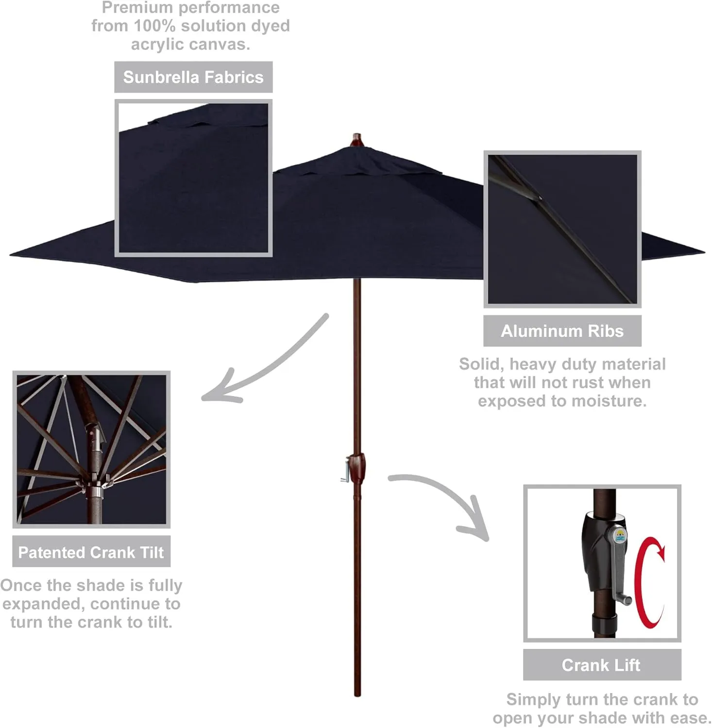 California Umbrella 9' Rd Sunbrella Aluminum Patio Umbrella, Crank Lift, Auto Tilt, Bronze Pole, Navy