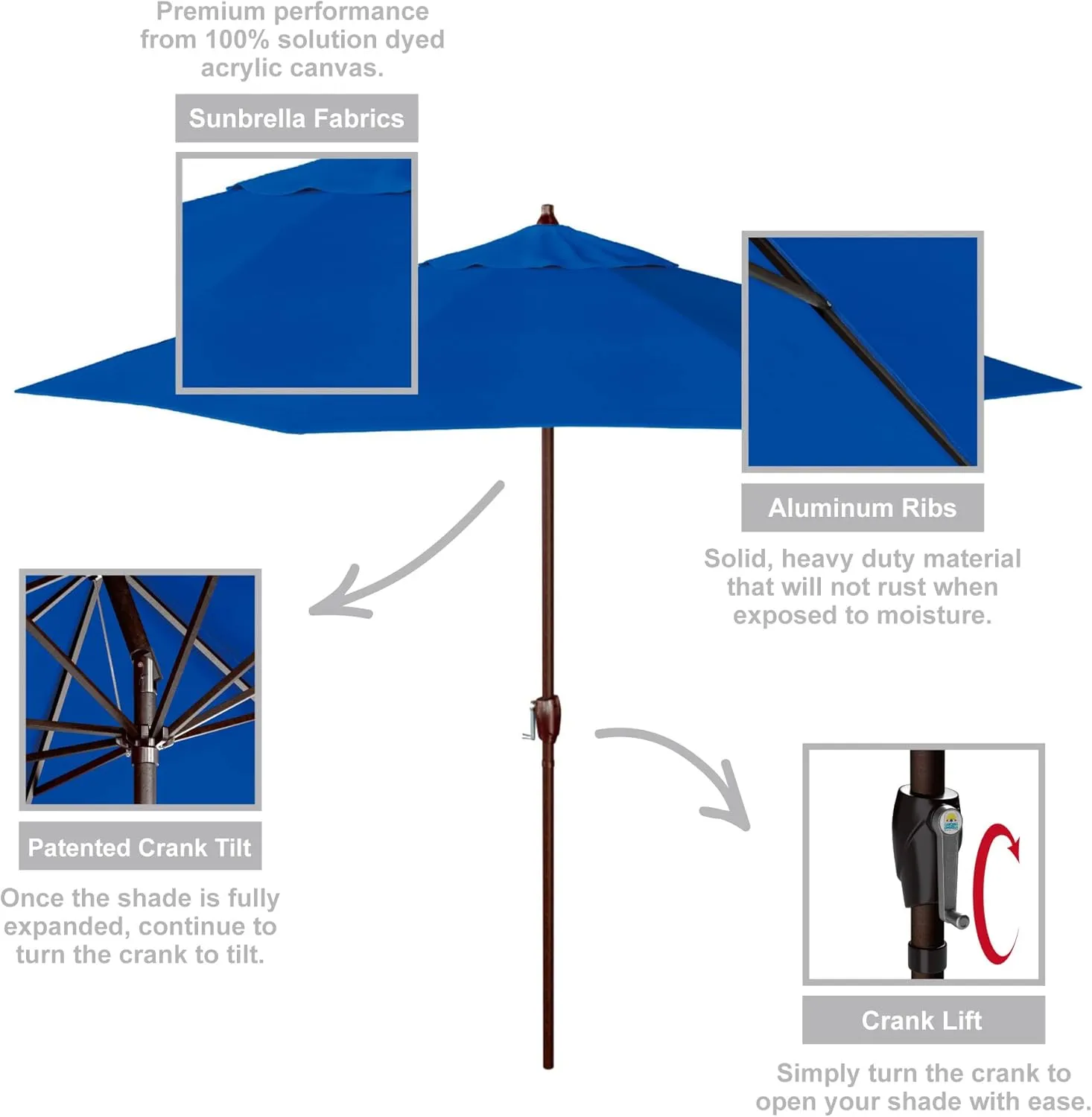 California Umbrella 9' Rd Sunbrella Aluminum Patio Umbrella, Crank Lift, Auto Tilt, Bronze Pole, Pacific Blue