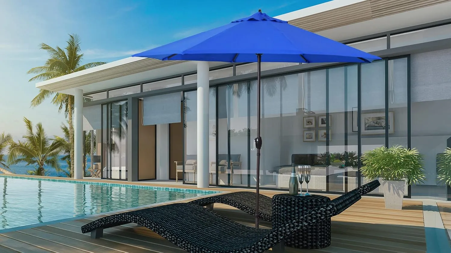 California Umbrella 9' Rd Sunbrella Aluminum Patio Umbrella, Crank Lift, Auto Tilt, Bronze Pole, Pacific Blue