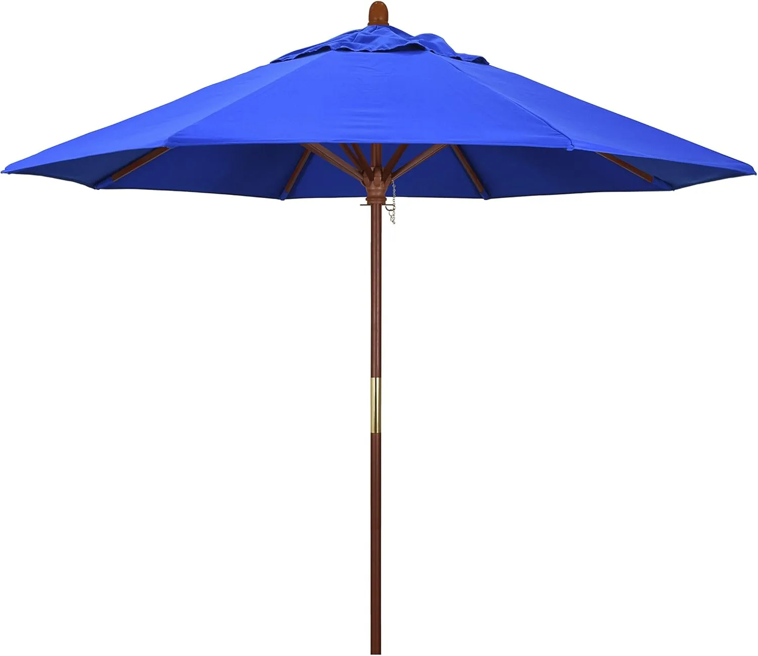 California Umbrella 9' Rd. Wooden Market Umbrella, Push Open Pin Stop , Sunbrella Pacific Blue