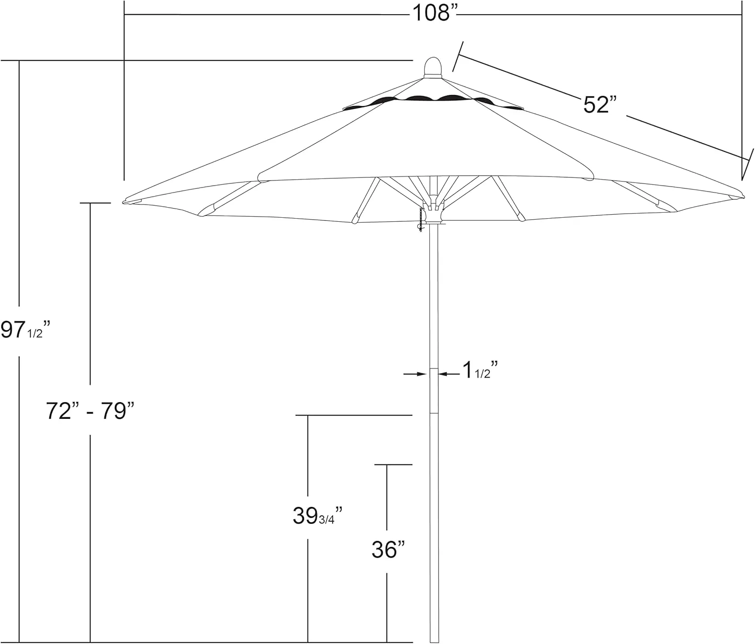 California Umbrella 9' Rd. Wooden Market Umbrella, Push Open Pin Stop , Sunbrella Pacific Blue