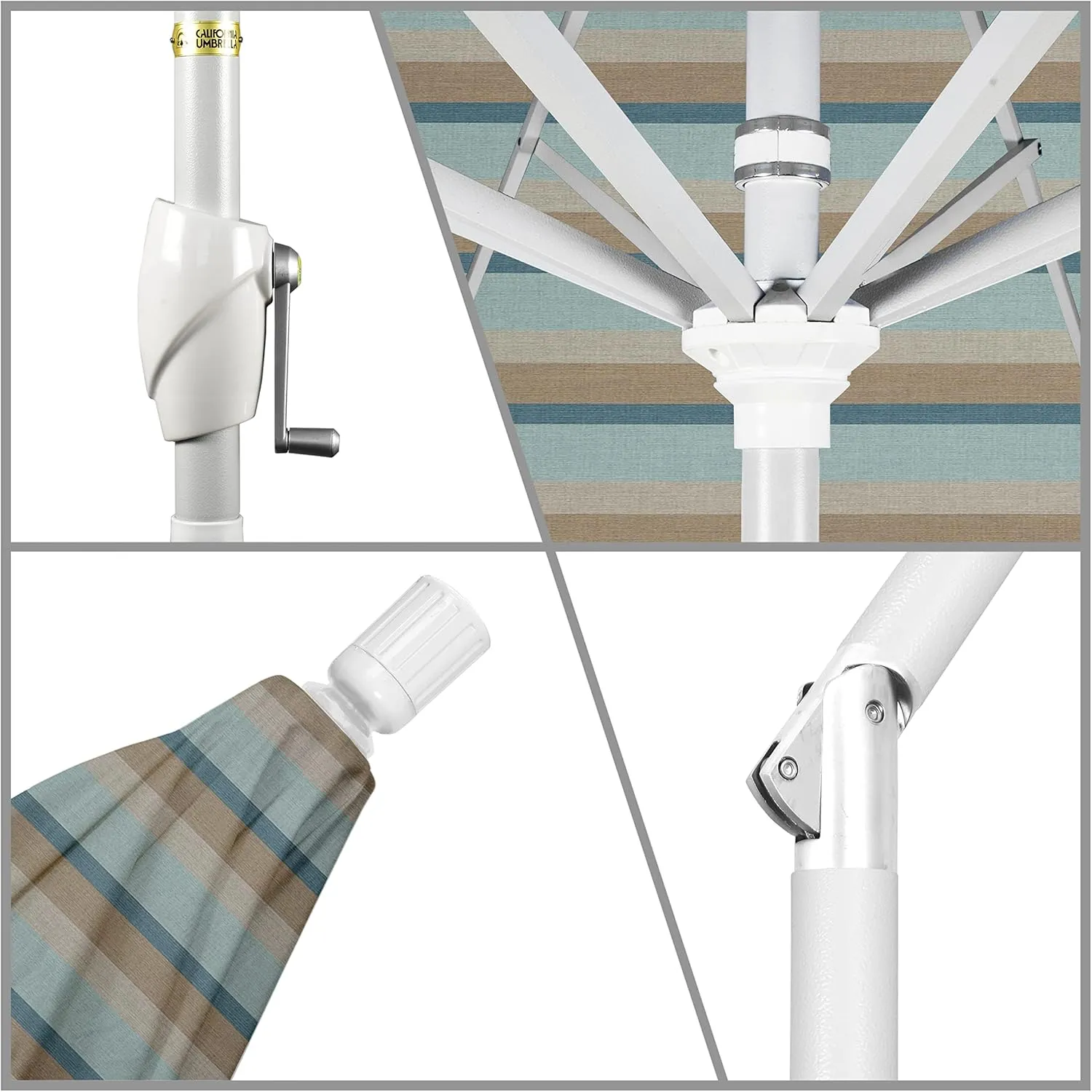 California Umbrella 9' Round Aluminum Market Umbrella, Crank Lift, Push Button Tilt, White Pole, Gateway Mist