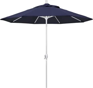California Umbrella 9' Round Aluminum Market Umbrella, Crank Lift, Push Button Tilt, White Pole, Navy Blue