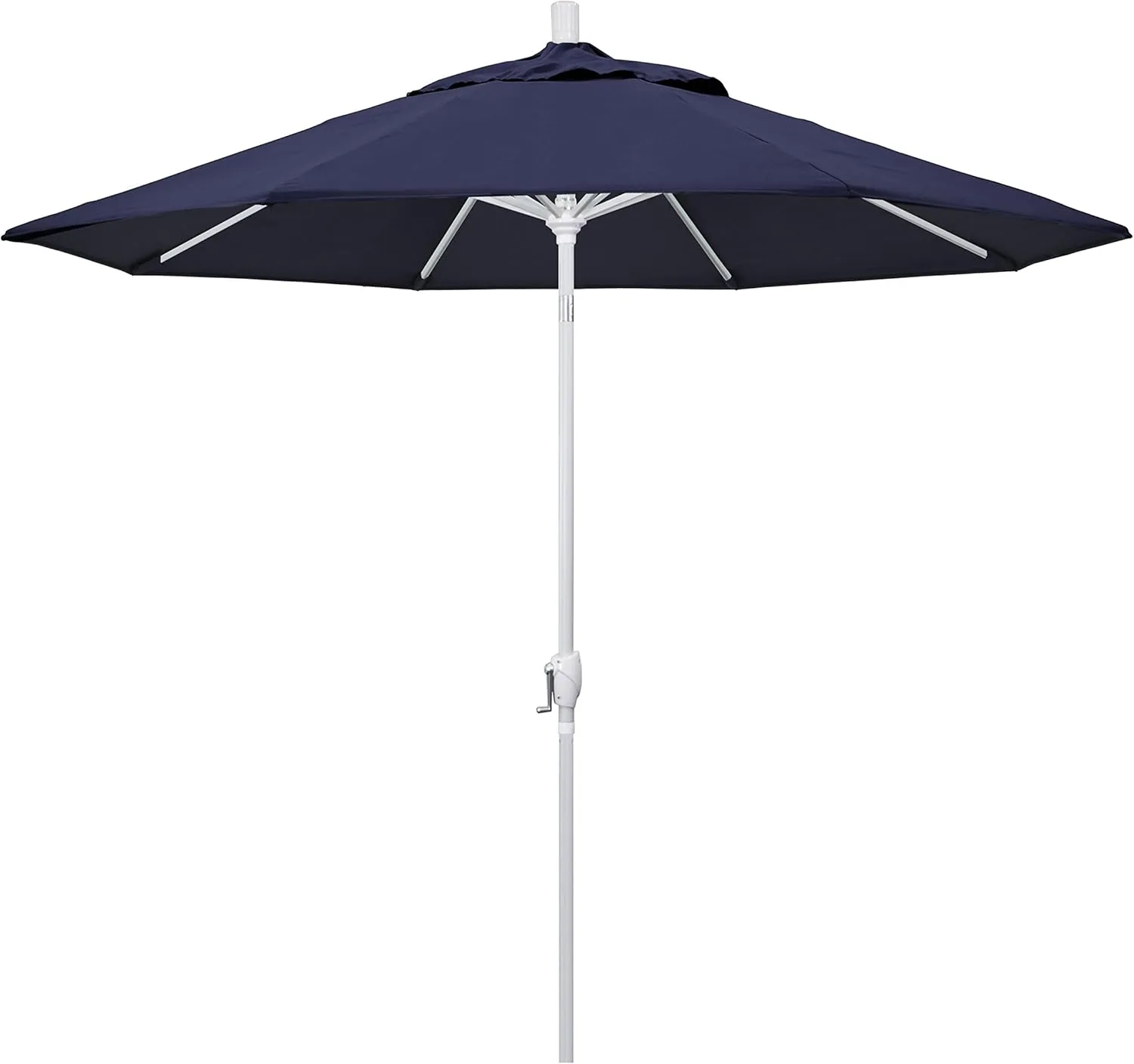 California Umbrella 9' Round Aluminum Market Umbrella, Crank Lift, Push Button Tilt, White Pole, Navy Blue