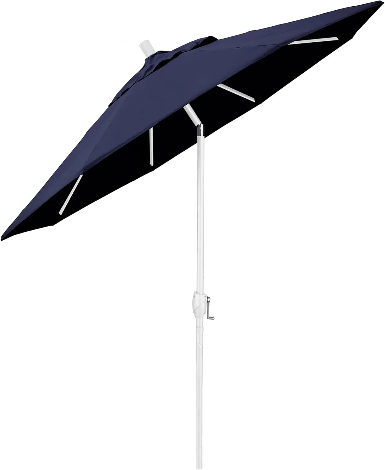 California Umbrella 9' Round Aluminum Market Umbrella, Crank Lift, Push Button Tilt, White Pole, Navy Blue