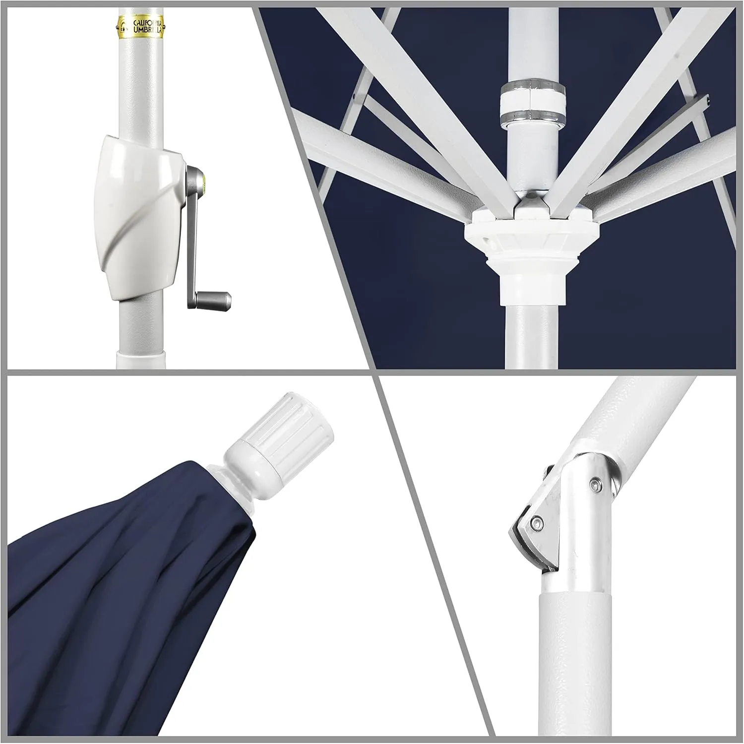 California Umbrella 9' Round Aluminum Market Umbrella, Crank Lift, Push Button Tilt, White Pole, Navy Blue