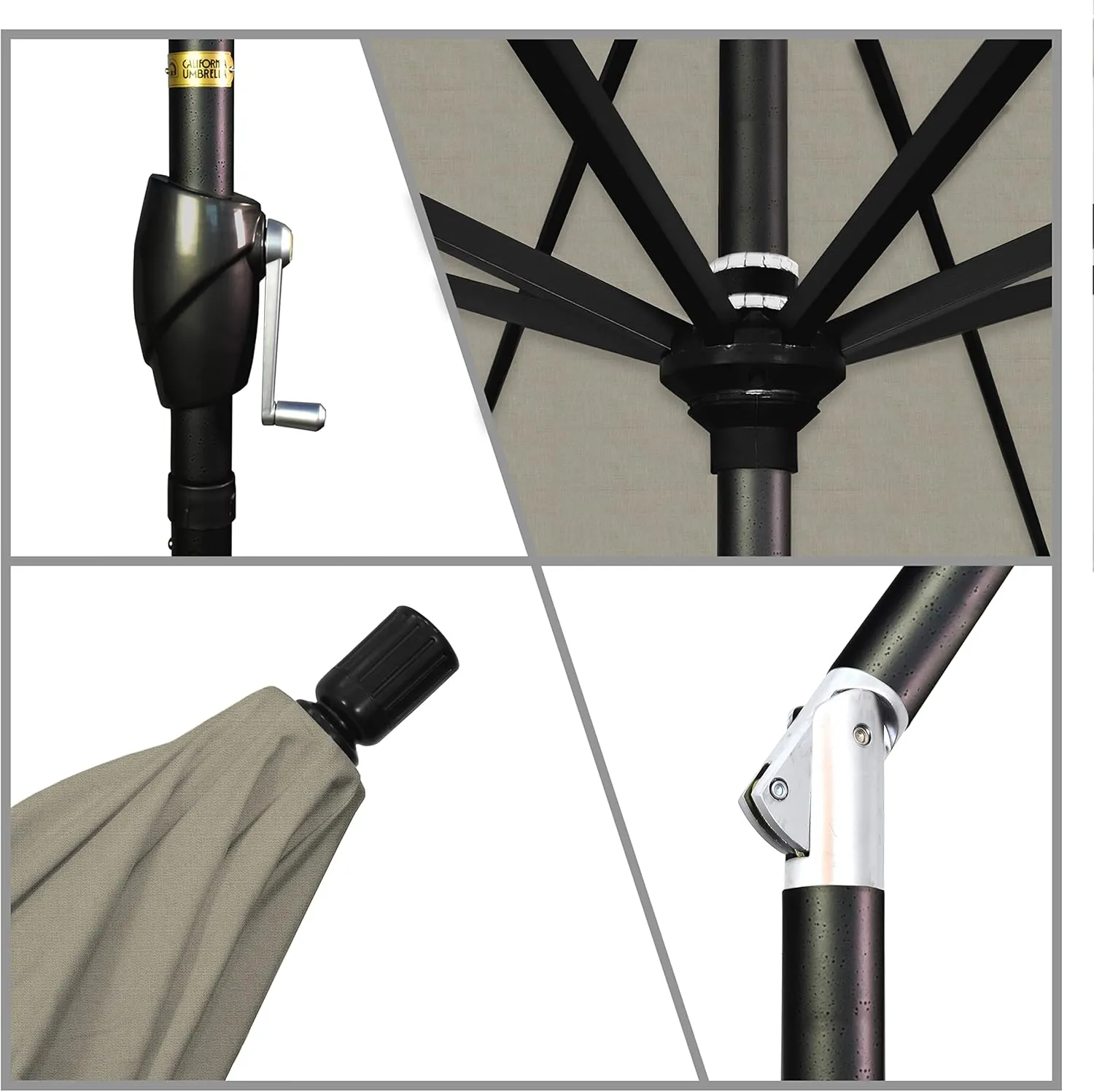 California Umbrella GSPT908302-48032 9' Round Aluminum Market, Crank Lift, Push Button Tilt, Black Pole, Sunbrella Spectrum Dove