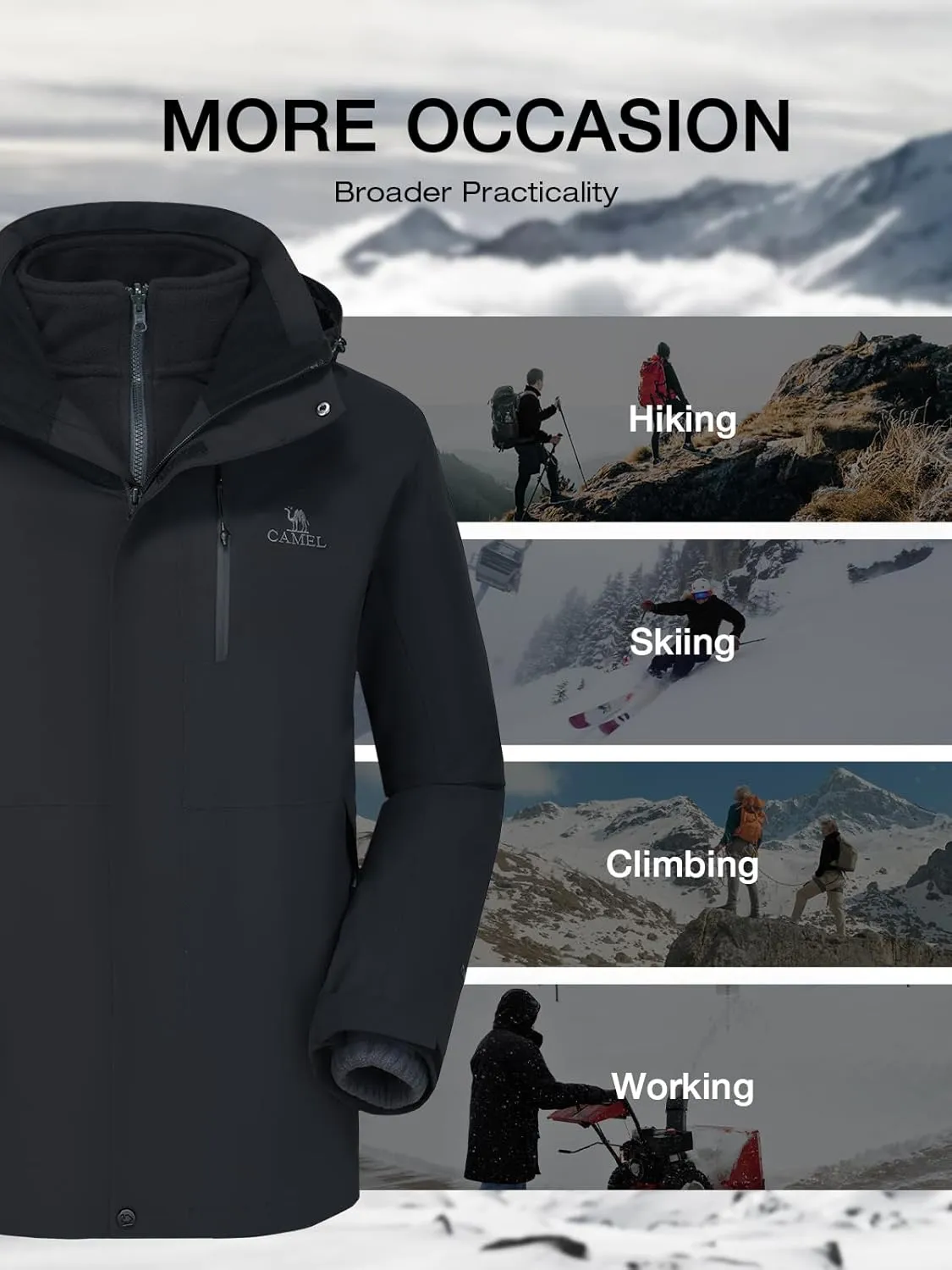 CAMEL 3 in 1 Winter Jackets for Men - Waterproof Ski Jacket with Fleece Jacket - Insulated Coat for Cold Weather