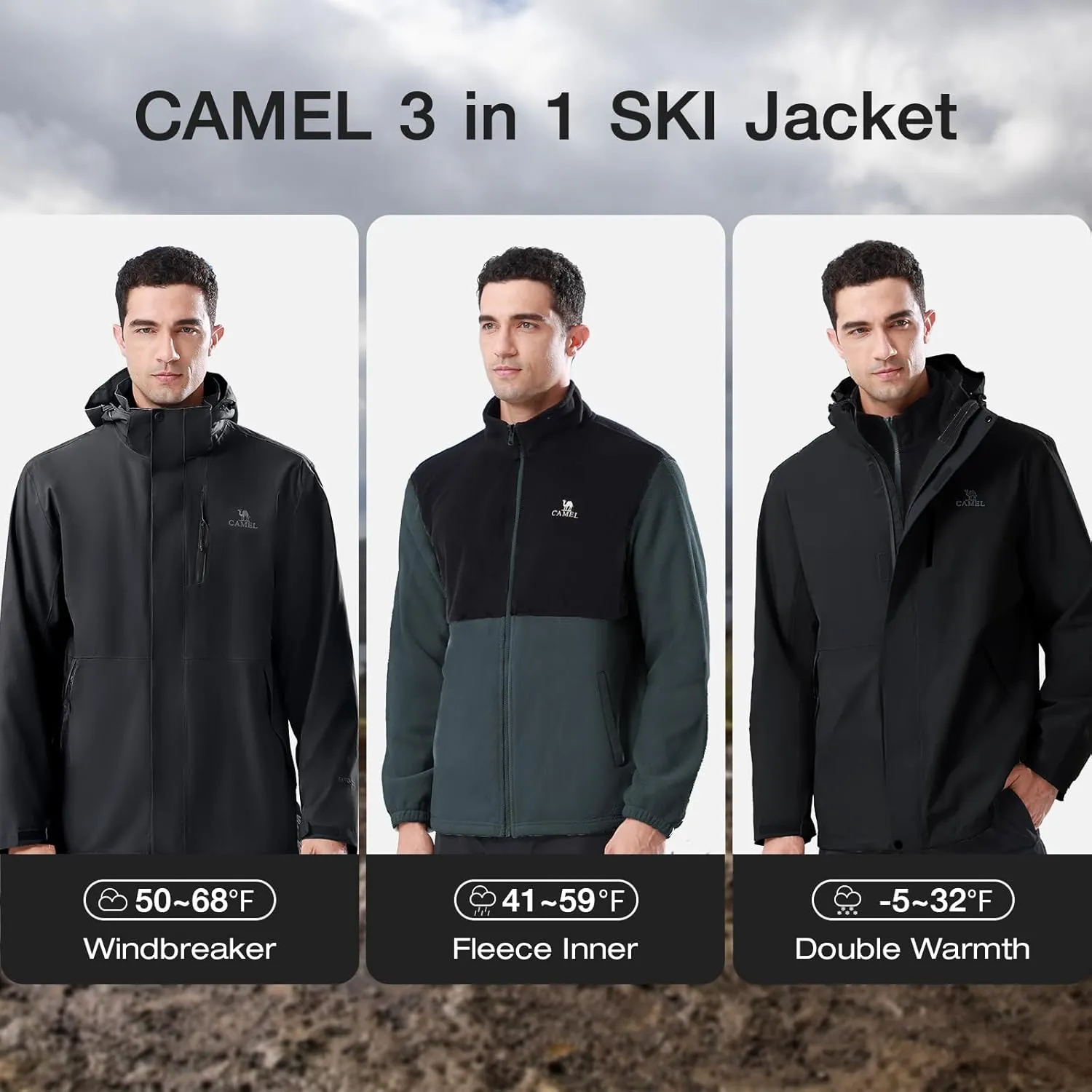 CAMEL 3 in 1 Winter Jackets for Men - Waterproof Ski Jacket with Fleece Jacket - Insulated Coat for Cold Weather
