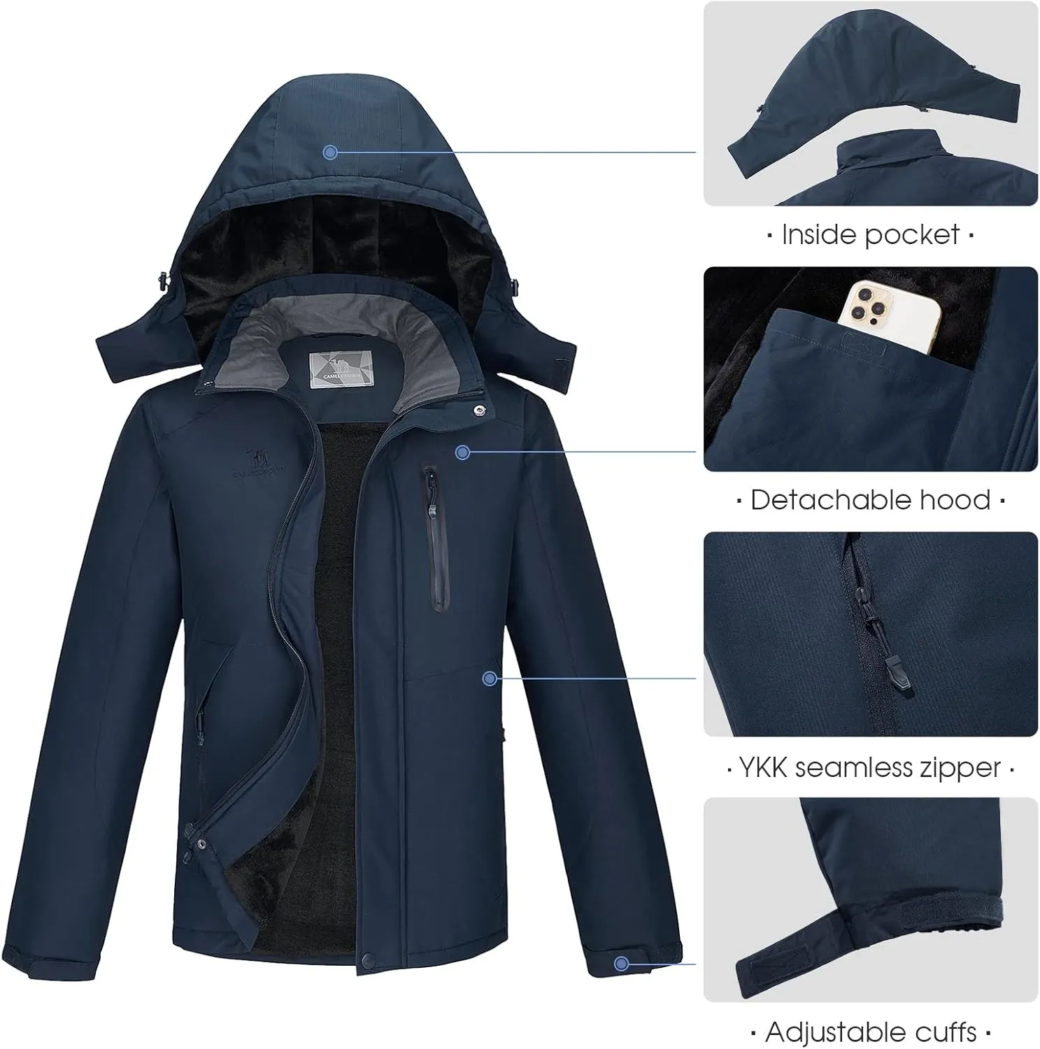 CAMEL CROWN Men's Mountain Waterproof Ski Jackets Warm Winter Snow Coat with Detachable Hood Windproof Rain Jacket