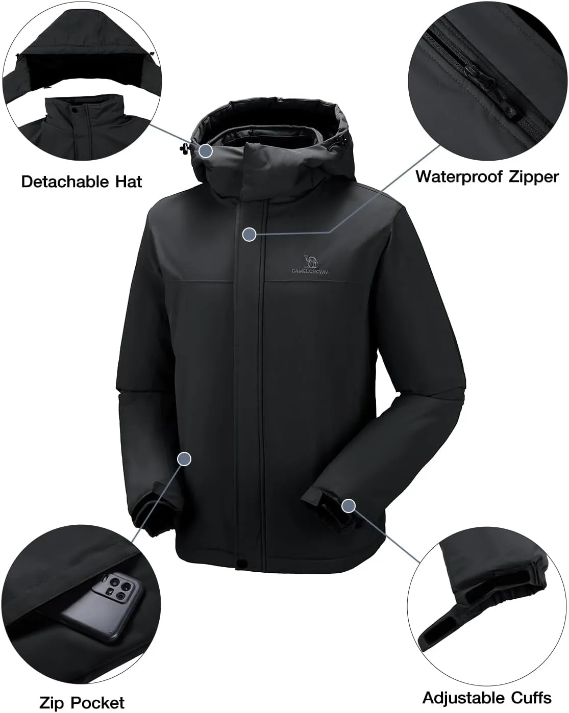 CAMEL CROWN Men's Winter Ski Jacket Mountain Snow Coats Waterproof Detachable Hood Windproof Fleece Rain Jackets