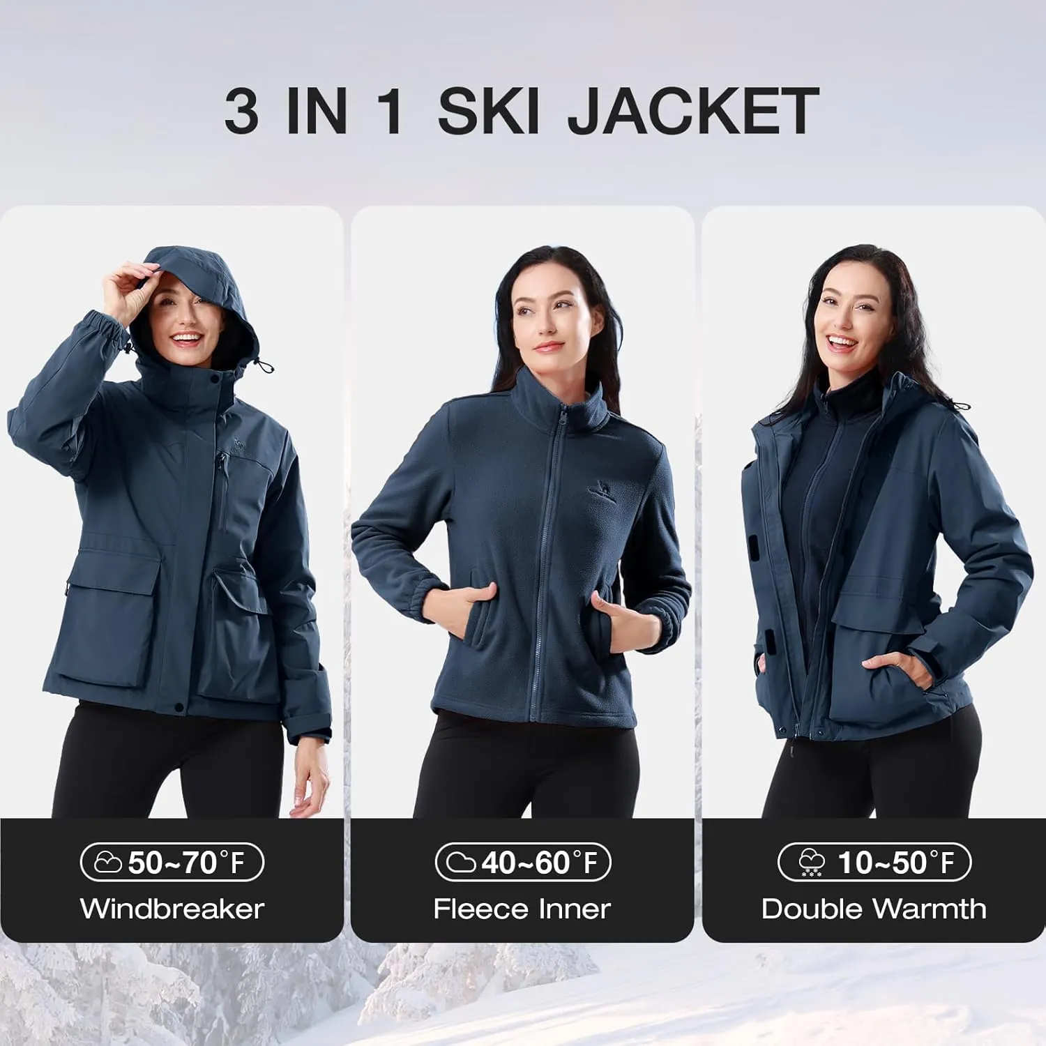 CAMEL CROWN Women's Ski Jacket 3 in 1 Winter Jacket Waterproof Jacket Windbreaker Snow Coat with Inner Warm Fleece Coat