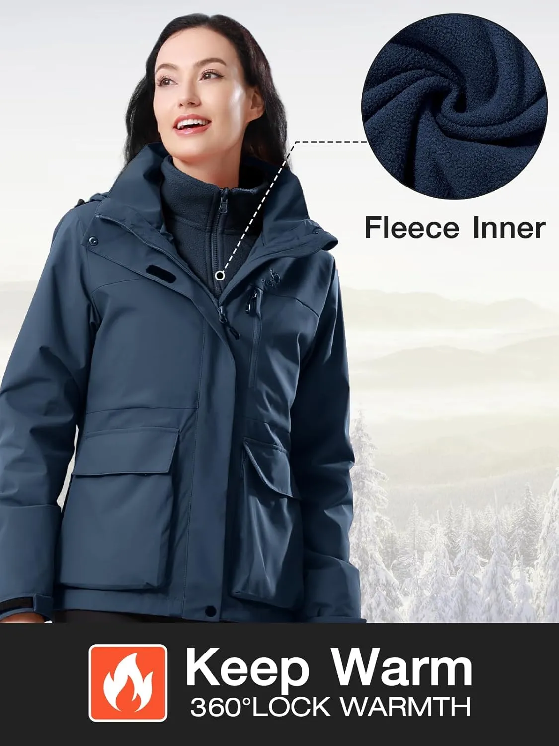 CAMEL CROWN Women's Ski Jacket 3 in 1 Winter Jacket Waterproof Jacket Windbreaker Snow Coat with Inner Warm Fleece Coat