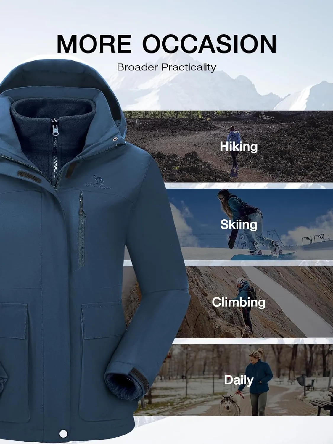 CAMEL CROWN Women's Ski Jacket 3 in 1 Winter Jacket Waterproof Jacket Windbreaker Snow Coat with Inner Warm Fleece Coat