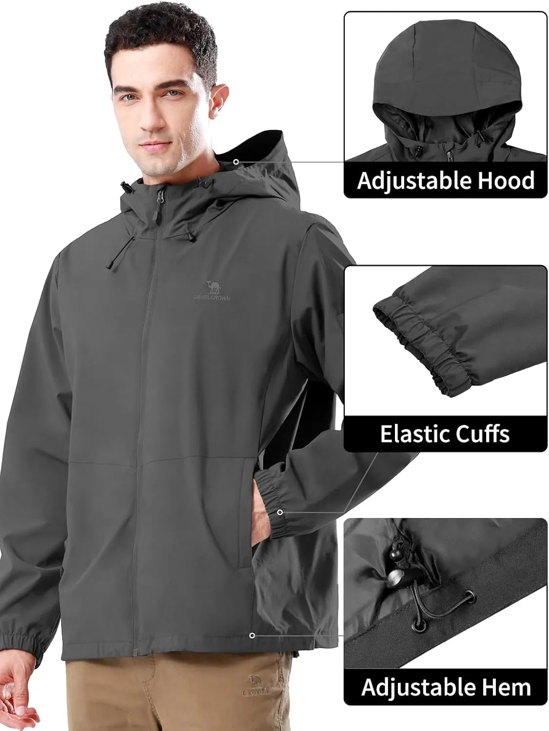 CAMELSPORTS Men Waterproof Softshell Jacket Windbreaker Hooded lightweight Rain Coat for Outdoor Hiking