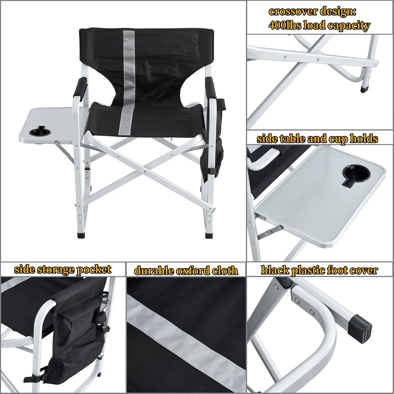 Camping Director's Chair, Aluminum Frame and Oxford Fabric Supports 400 lbs, Foldable and Portable, with Side Storage Bag and Side Table, a Folding Chair or Camping Chair (Black, 1PC)