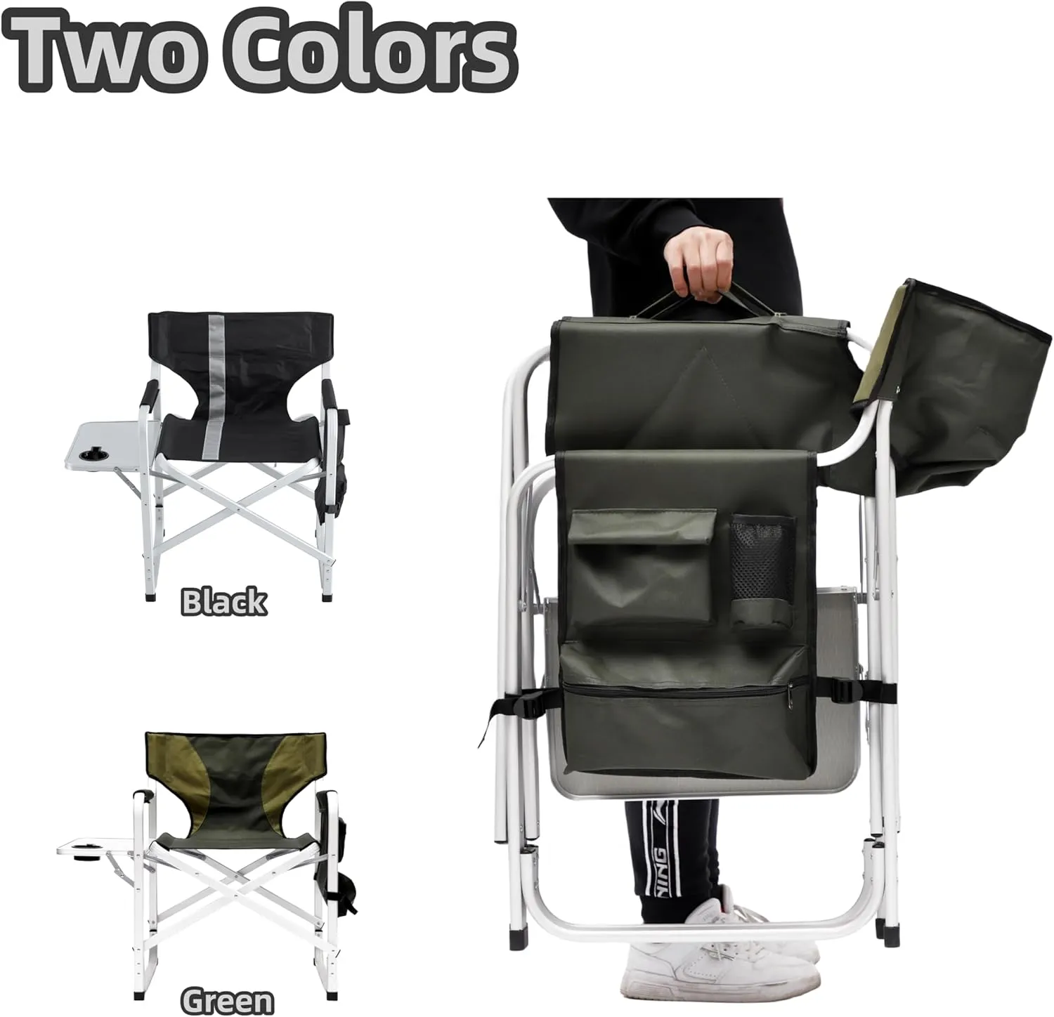 Camping Director's Chair, Aluminum Frame and Oxford Fabric Supports 400 lbs, Foldable and Portable, with Side Storage Bag and Side Table, a Folding Chair or Camping Chair (Black, 1PC)
