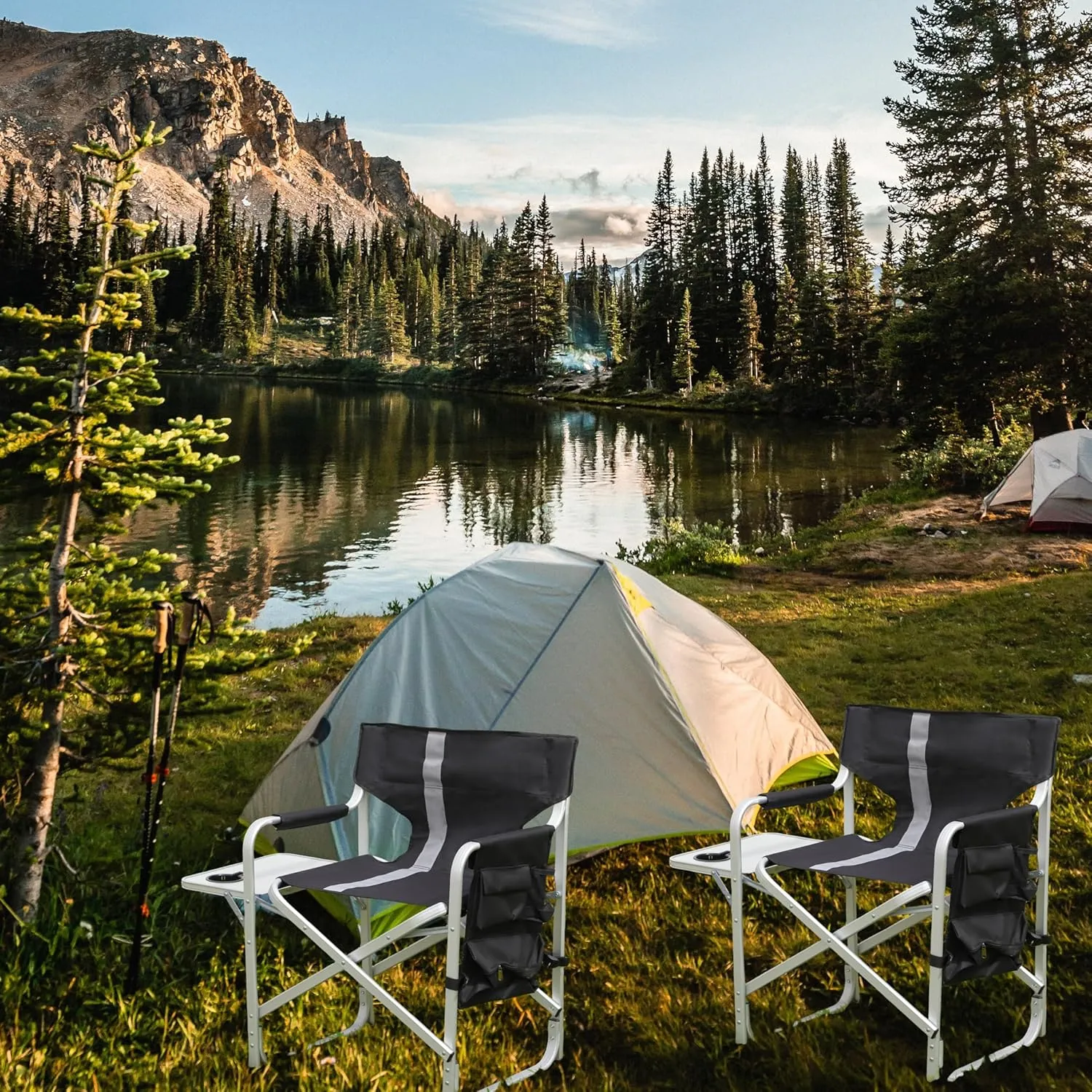 Camping Director's Chair, Aluminum Frame and Oxford Fabric Supports 400 lbs, Foldable and Portable, with Side Storage Bag and Side Table, a Folding Chair or Camping Chair (Black, 1PC)