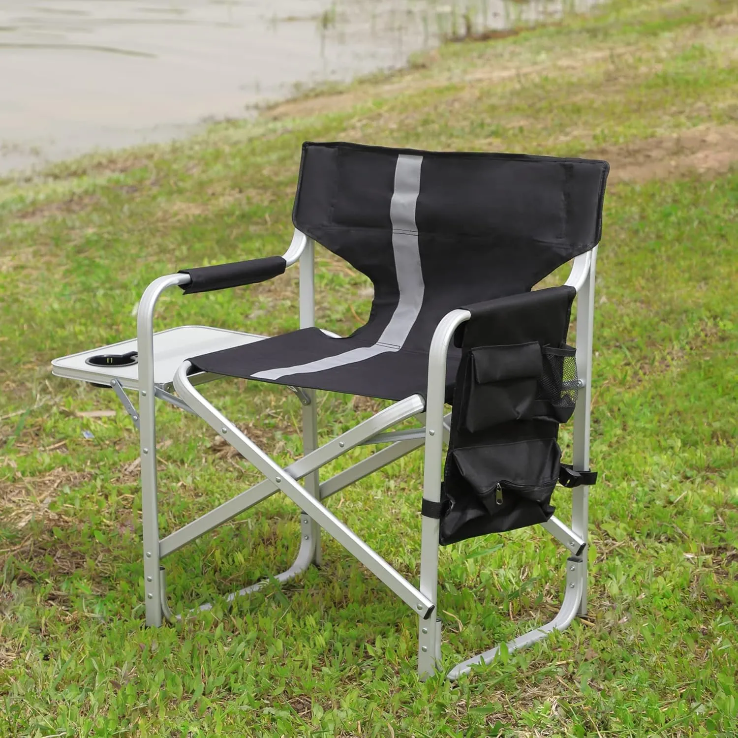 Camping Director's Chair, Aluminum Frame and Oxford Fabric Supports 400 lbs, Foldable and Portable, with Side Storage Bag and Side Table, a Folding Chair or Camping Chair (Black, 1PC)