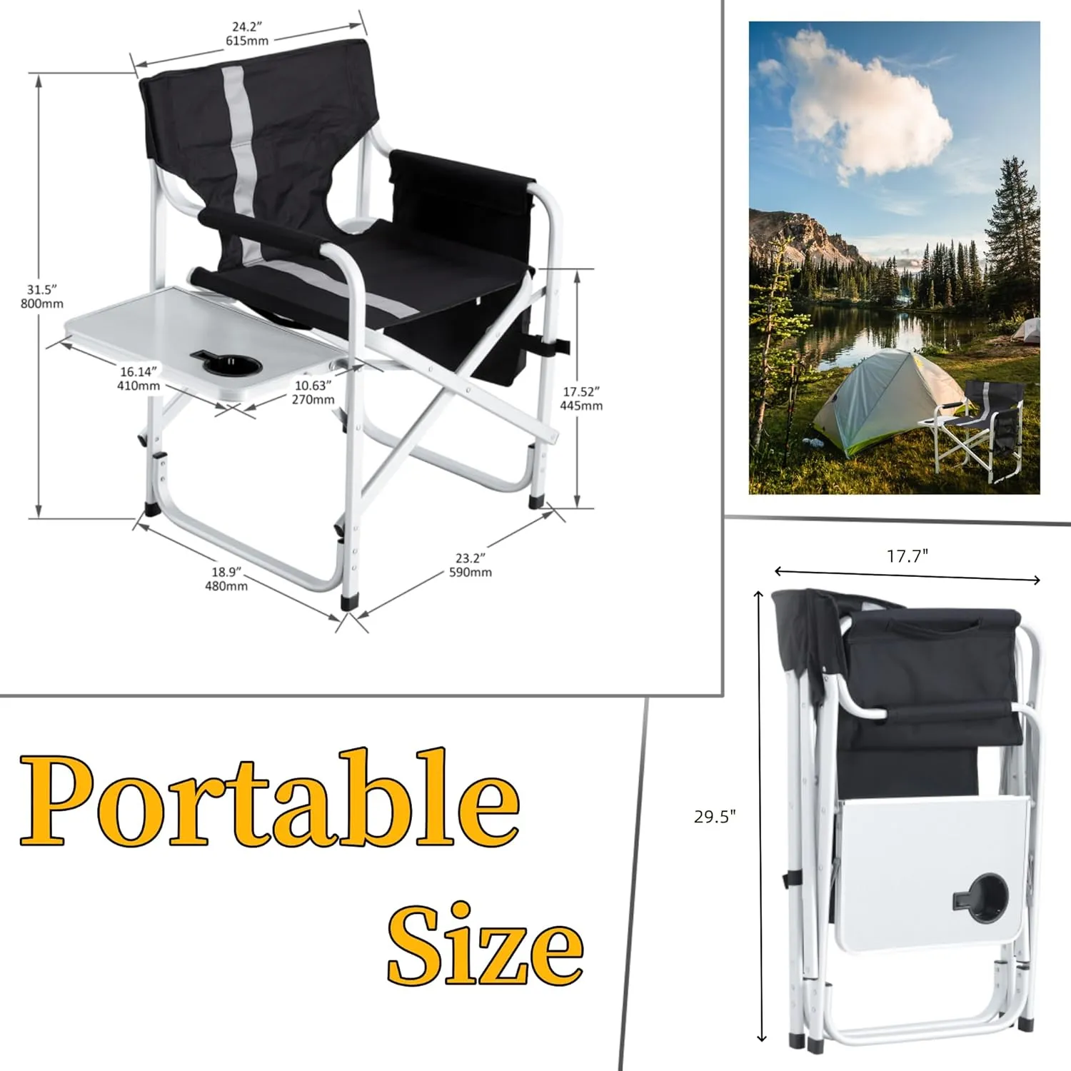 Camping Director's Chair, Aluminum Frame and Oxford Fabric Supports 400 lbs, Foldable and Portable, with Side Storage Bag and Side Table, a Folding Chair or Camping Chair (Black, 1PC)