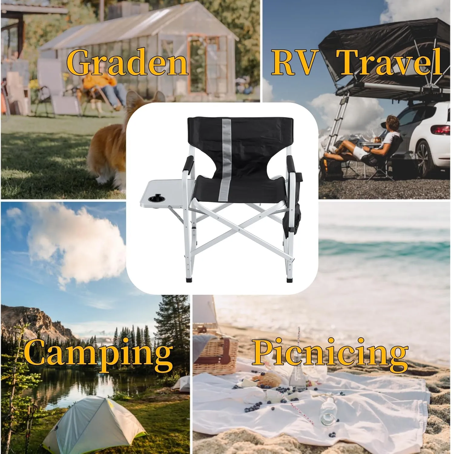 Camping Director's Chair, Aluminum Frame and Oxford Fabric Supports 400 lbs, Foldable and Portable, with Side Storage Bag and Side Table, a Folding Chair or Camping Chair (Black, 1PC)