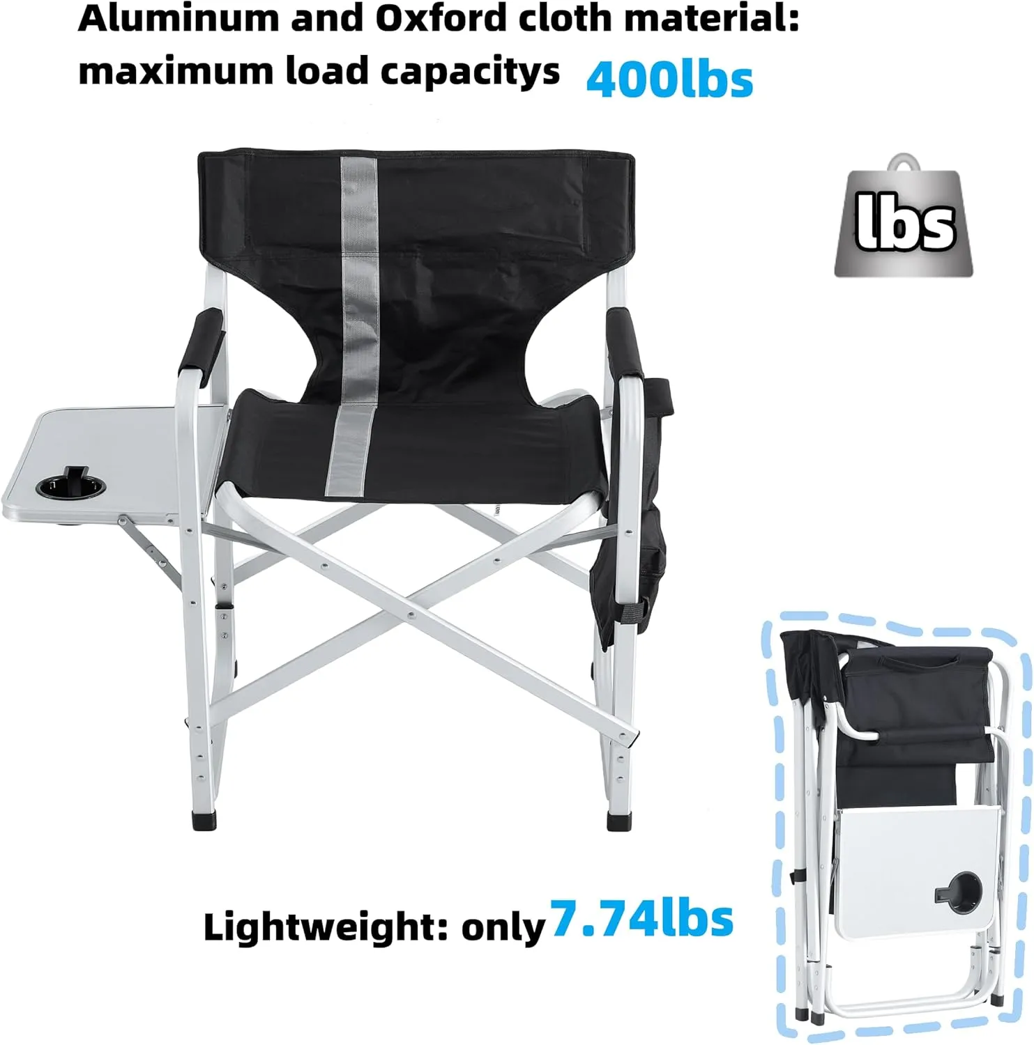 Camping Director's Chair, Aluminum Frame and Oxford Fabric Supports 400 lbs, Foldable and Portable, with Side Storage Bag and Side Table, a Folding Chair or Camping Chair (Black, 1PC)