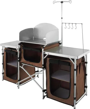 Camping Kitchen Table, Folding Outdoor Cooking Table with Storage Carrying Bag, Aluminum Cook Station 3 Cupboard & Detachable Windscreen, Quick Set-up for Picnics, BBQ, RV Traveling, Brown