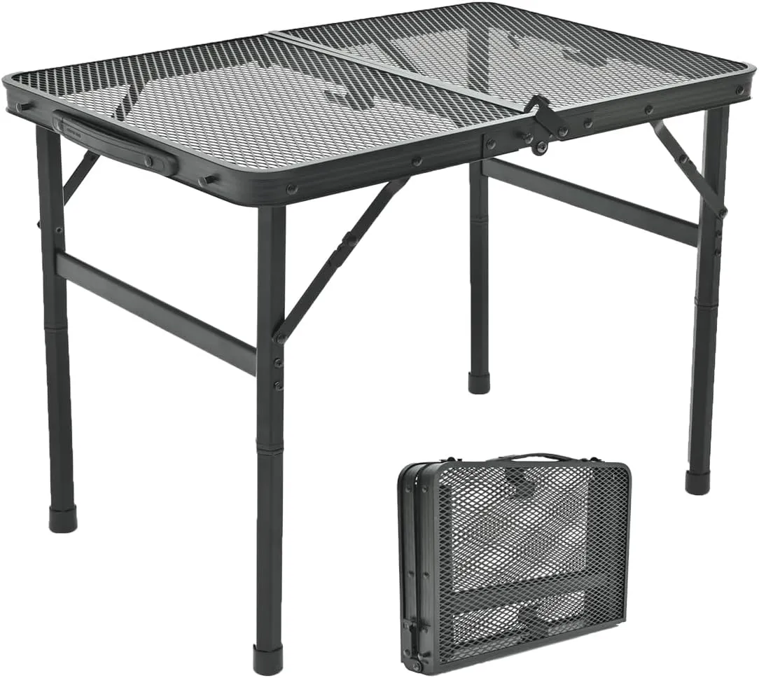 Camping Table, 2 ft Folding Grill Table with Mesh Desktop, Anti-Slip Feet, Height Adjustable, Lightweight & Portable Aluminum Outdoor Table for Camping, Picnic, RV, BBQ (23.6"X16"X22.5")