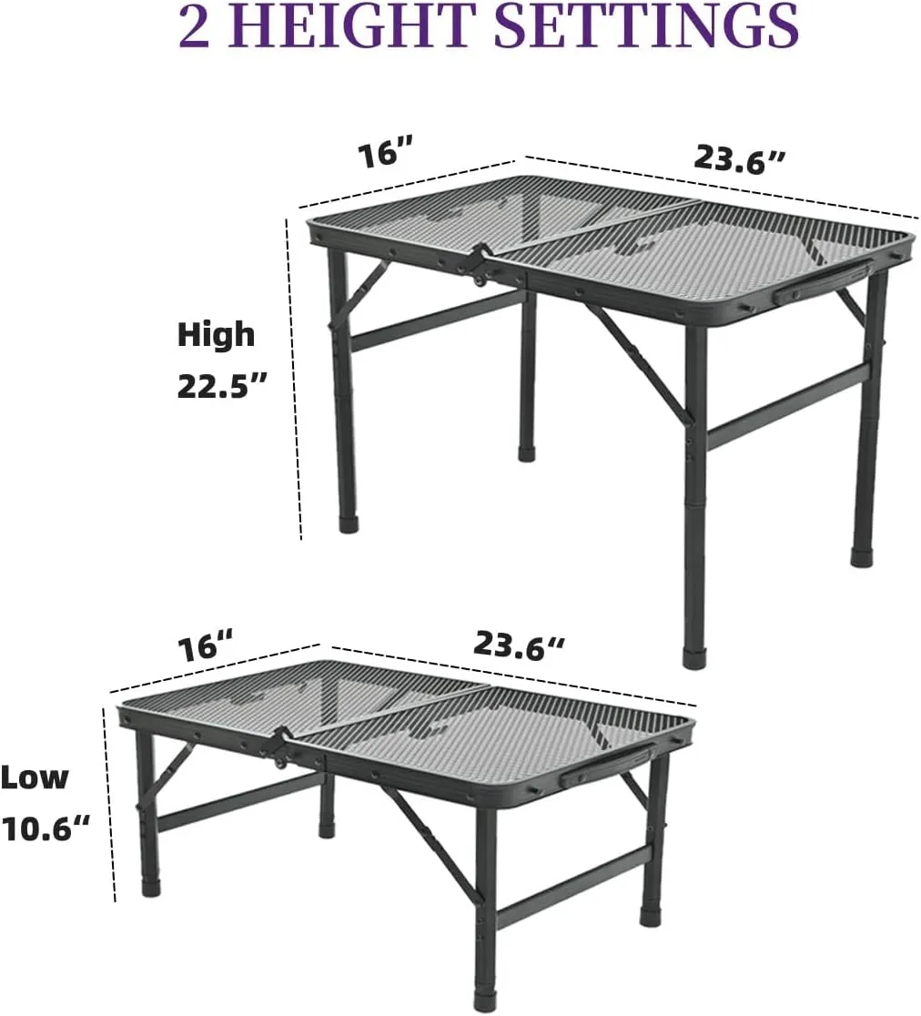 Camping Table, 2 ft Folding Grill Table with Mesh Desktop, Anti-Slip Feet, Height Adjustable, Lightweight & Portable Aluminum Outdoor Table for Camping, Picnic, RV, BBQ (23.6"X16"X22.5")