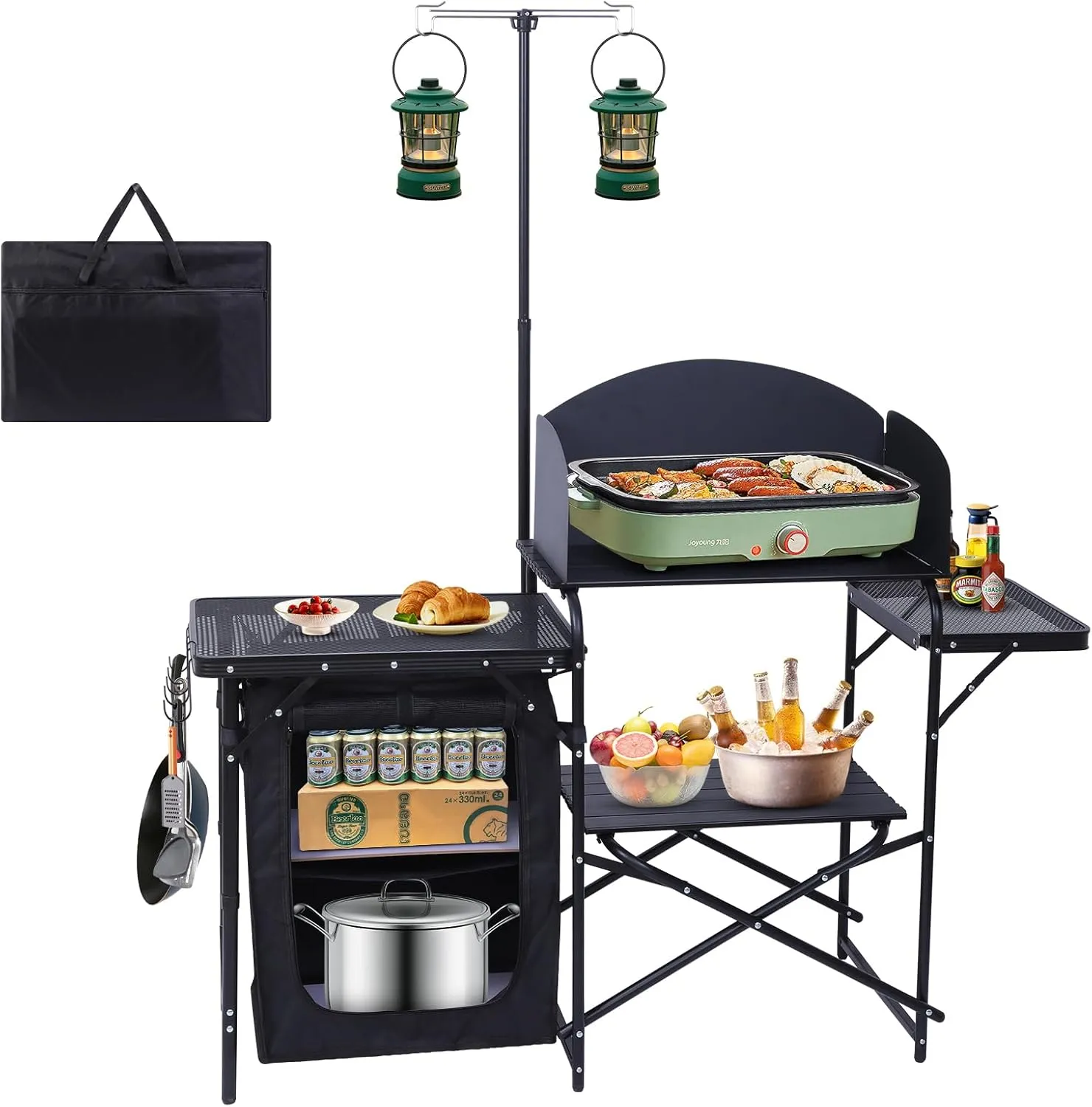 Camping Table, Camp Kitchen, Cook Station, Camping Kitchen Station, Grill Table with Storage, Light Stand and Windshield