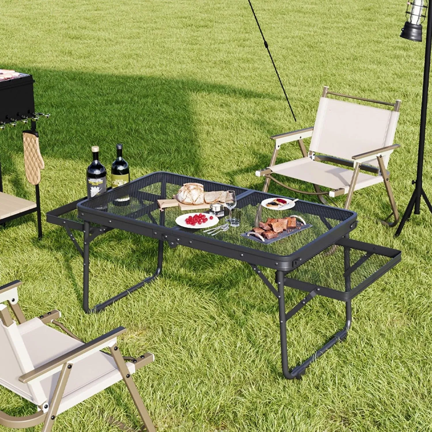 Camping Tables, Camp Table with Extension Adjustable Folding Tables Mesh Top, Portable Table for Beach BBQ Picnic Travel RV Black (Size : 44x15.7x12.5-15.7in)