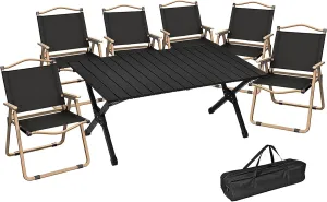 Camping Tables Chair Set with Roll up Desktop Portable Beach Tables Camp Table for Sand Garden BBQ Party,with Carry Bag/Set 4Ft Table   4 Chairs