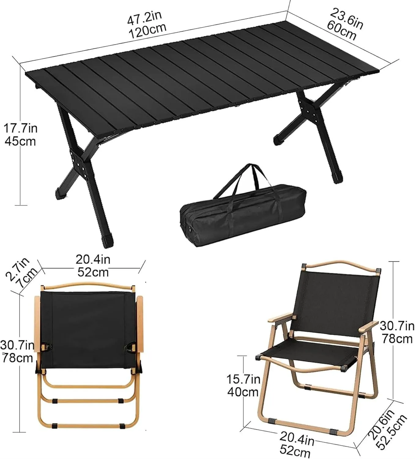 Camping Tables Chair Set with Roll up Desktop Portable Beach Tables Camp Table for Sand Garden BBQ Party,with Carry Bag/Set 4Ft Table   4 Chairs