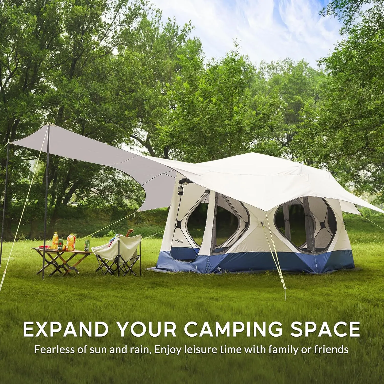 Camping Tent 4/6 Person with Canopy XL, Hub Tent with 10 Windows, PU2000 Waterproof Pop Up Cabin Tent Setup in 60 Seconds, Gazebo for Outdoor