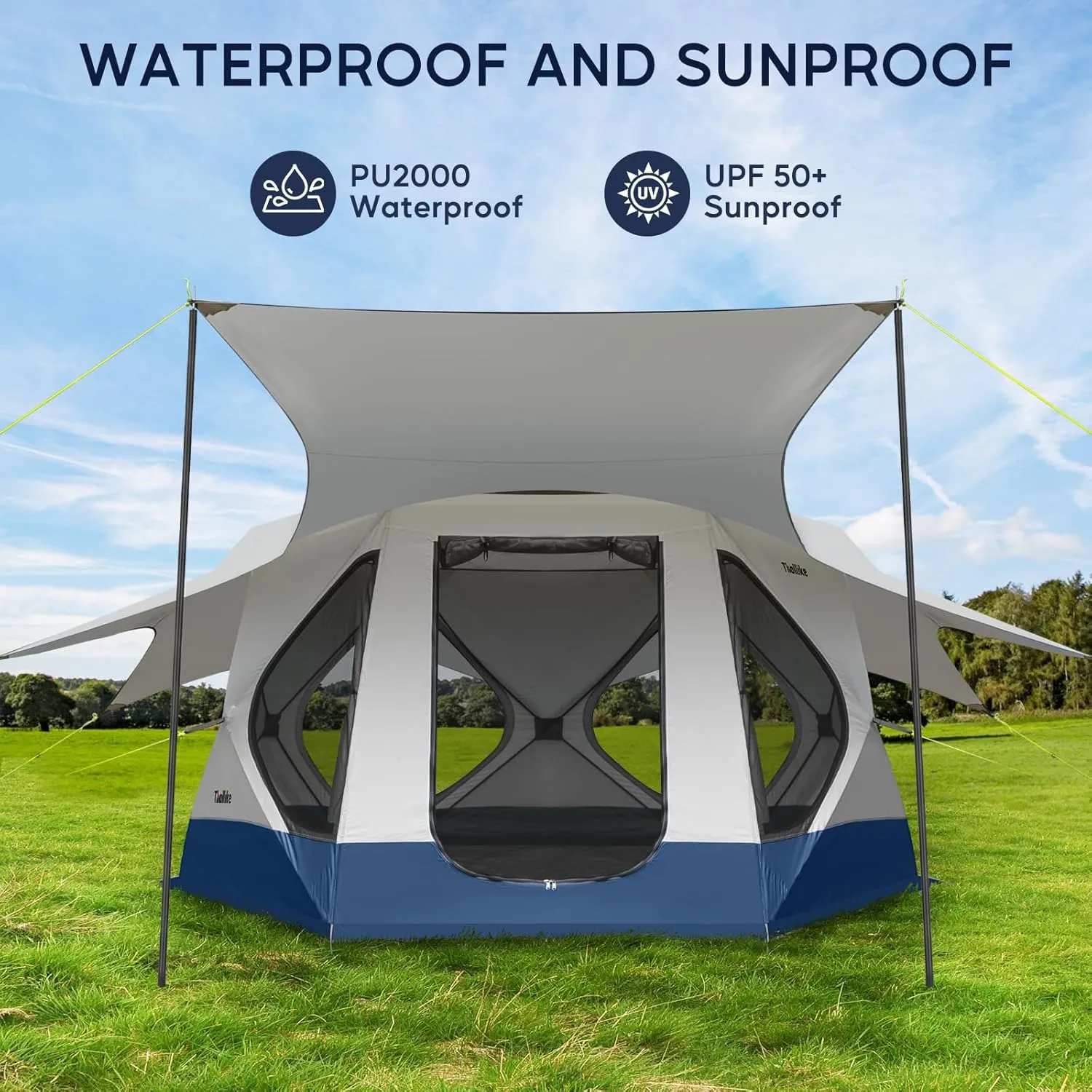 Camping Tent 4/6 Person with Canopy XL, Hub Tent with 10 Windows, PU2000 Waterproof Pop Up Cabin Tent Setup in 60 Seconds, Gazebo for Outdoor