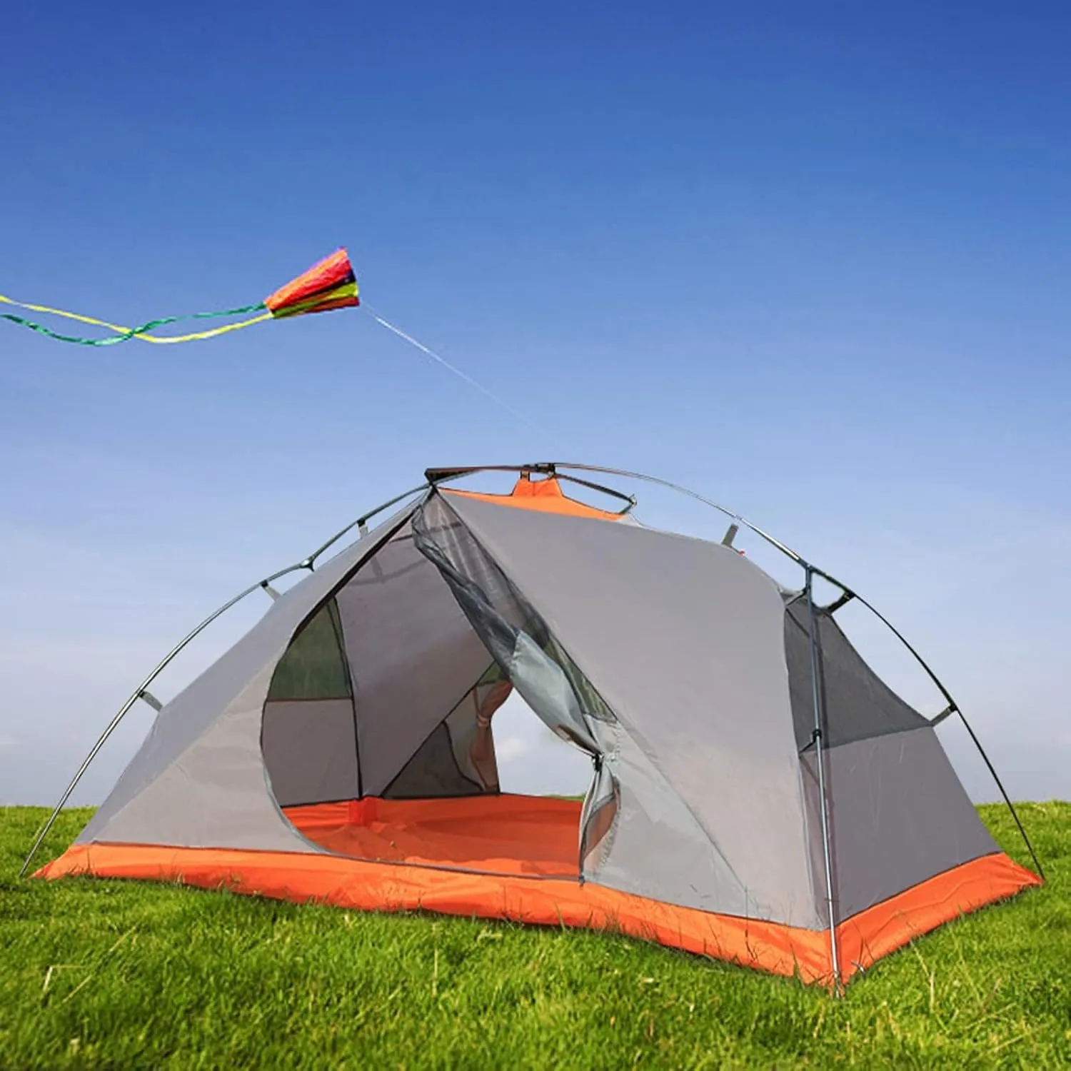 Camping Tent Double-Layer Aluminum Pole Single Person Outdoor Windproof Rainproof Waterproof Camping.Tent Portable Carry (Wormwood Green One Size)