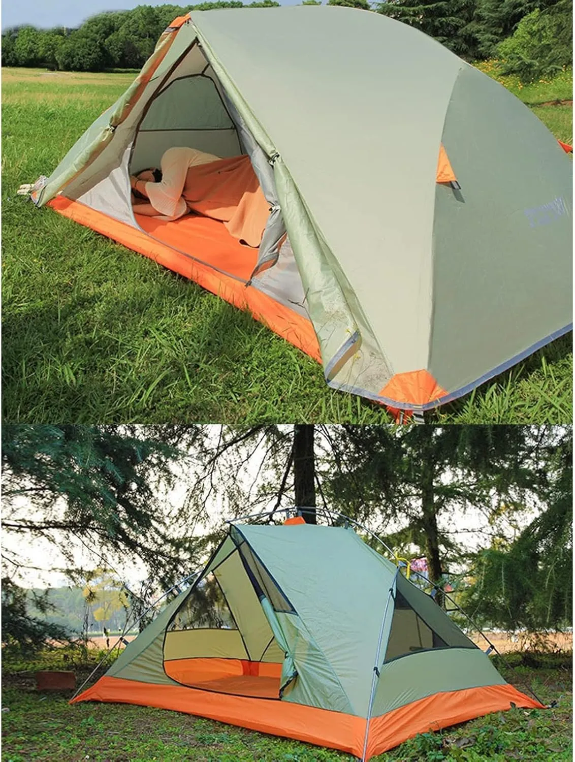 Camping Tent Double-Layer Aluminum Pole Single Person Outdoor Windproof Rainproof Waterproof Camping.Tent Portable Carry (Wormwood Green One Size)