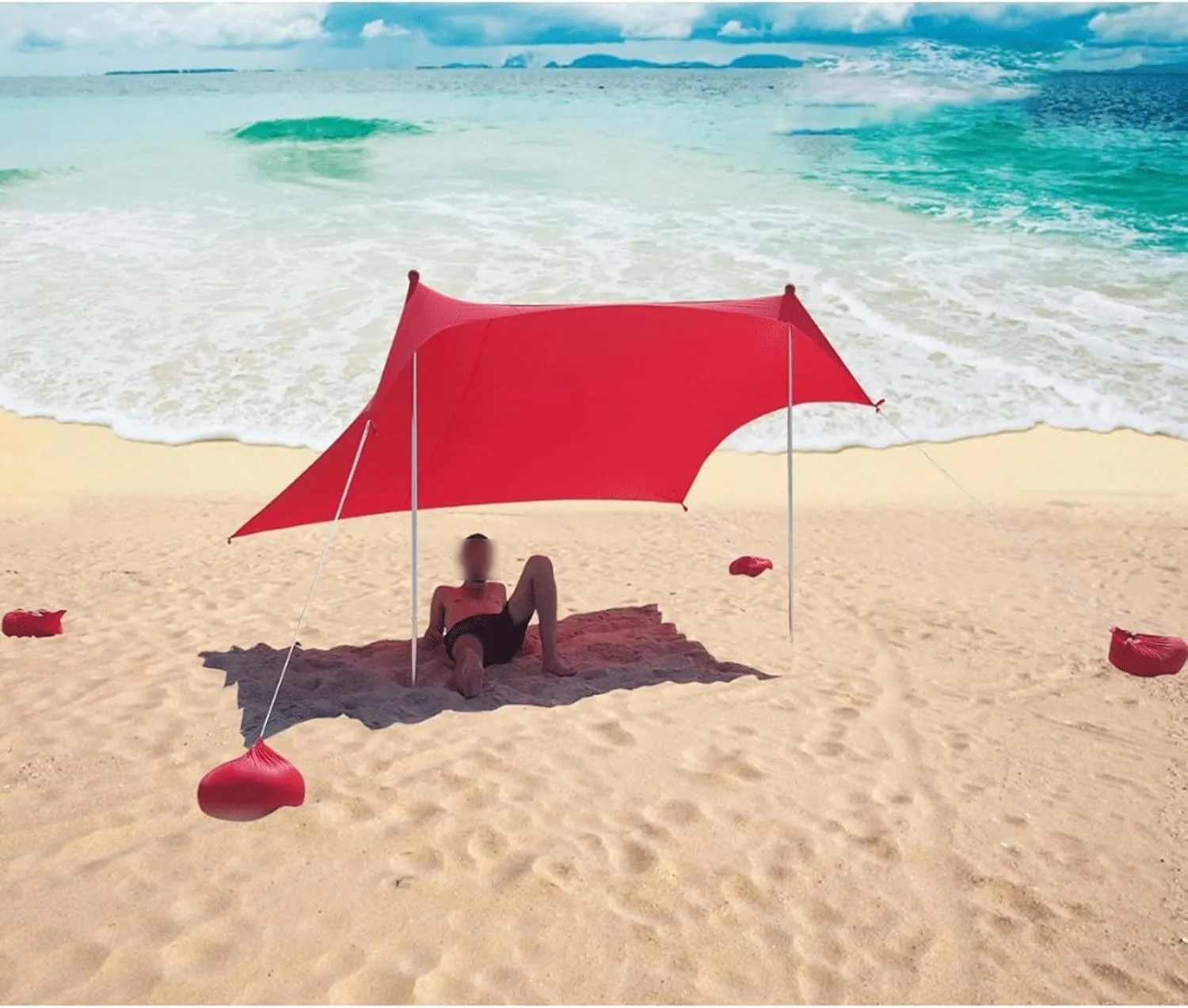 Camping Tent HOT Sea Beach CampingTent Tarp Sunshade Inflatable Shelter Canopy Sand Anchor Carry Bag Canopy Rain Protect Portable 2 Pole (Red One Size