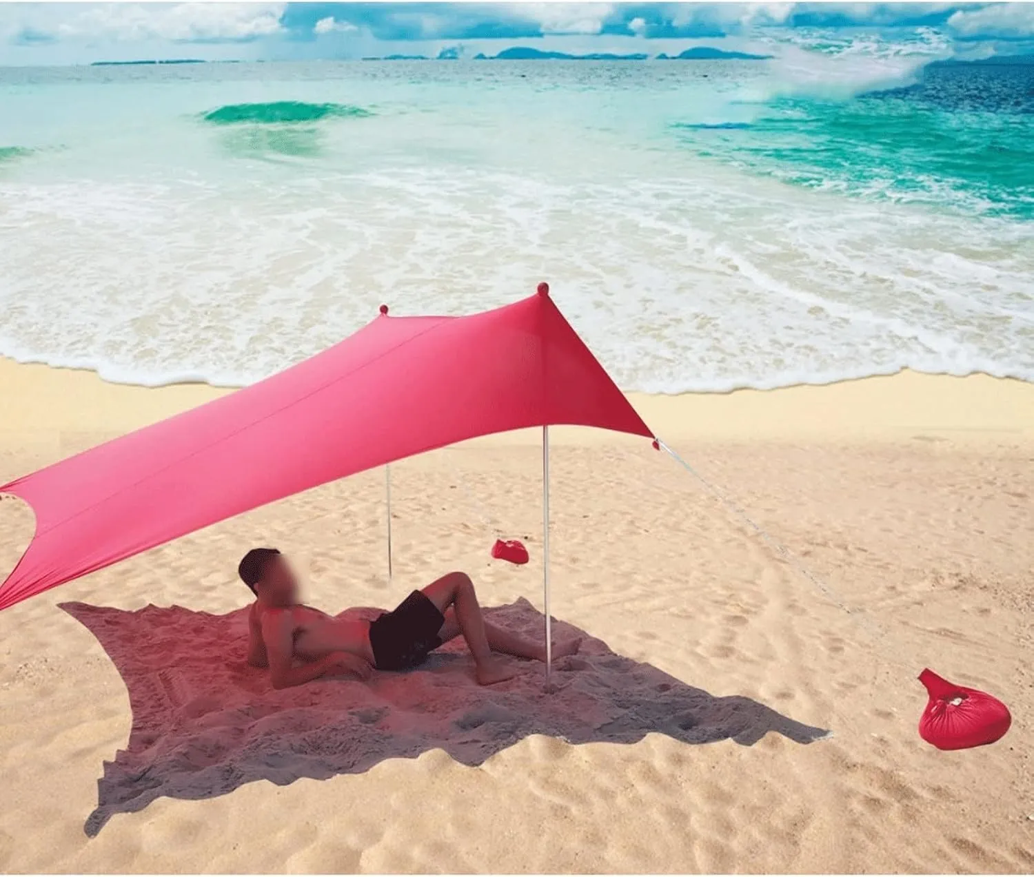 Camping Tent HOT Sea Beach CampingTent Tarp Sunshade Inflatable Shelter Canopy Sand Anchor Carry Bag Canopy Rain Protect Portable 2 Pole (Red One Size