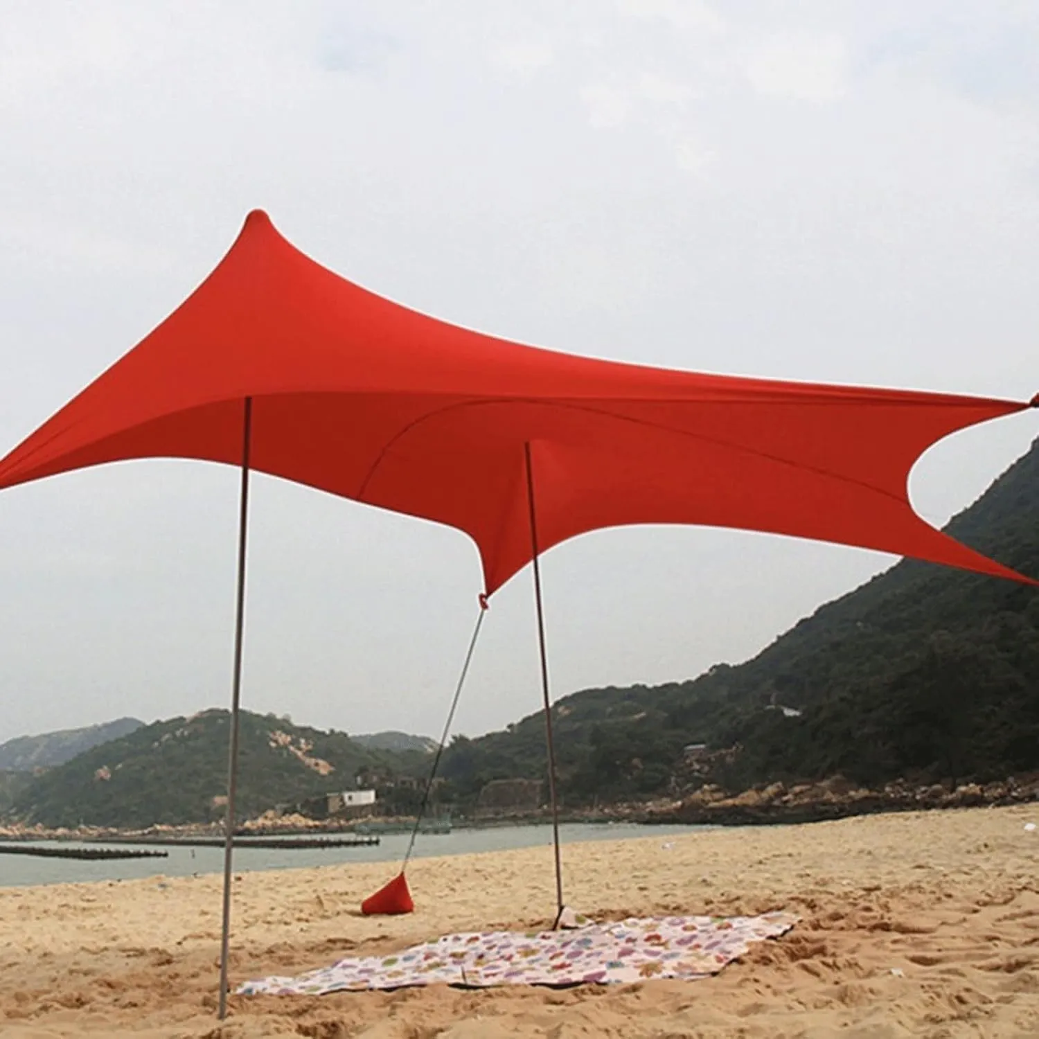 Camping Tent HOT Sea Beach CampingTent Tarp Sunshade Inflatable Shelter Canopy Sand Anchor Carry Bag Canopy Rain Protect Portable 2 Pole (Red One Size