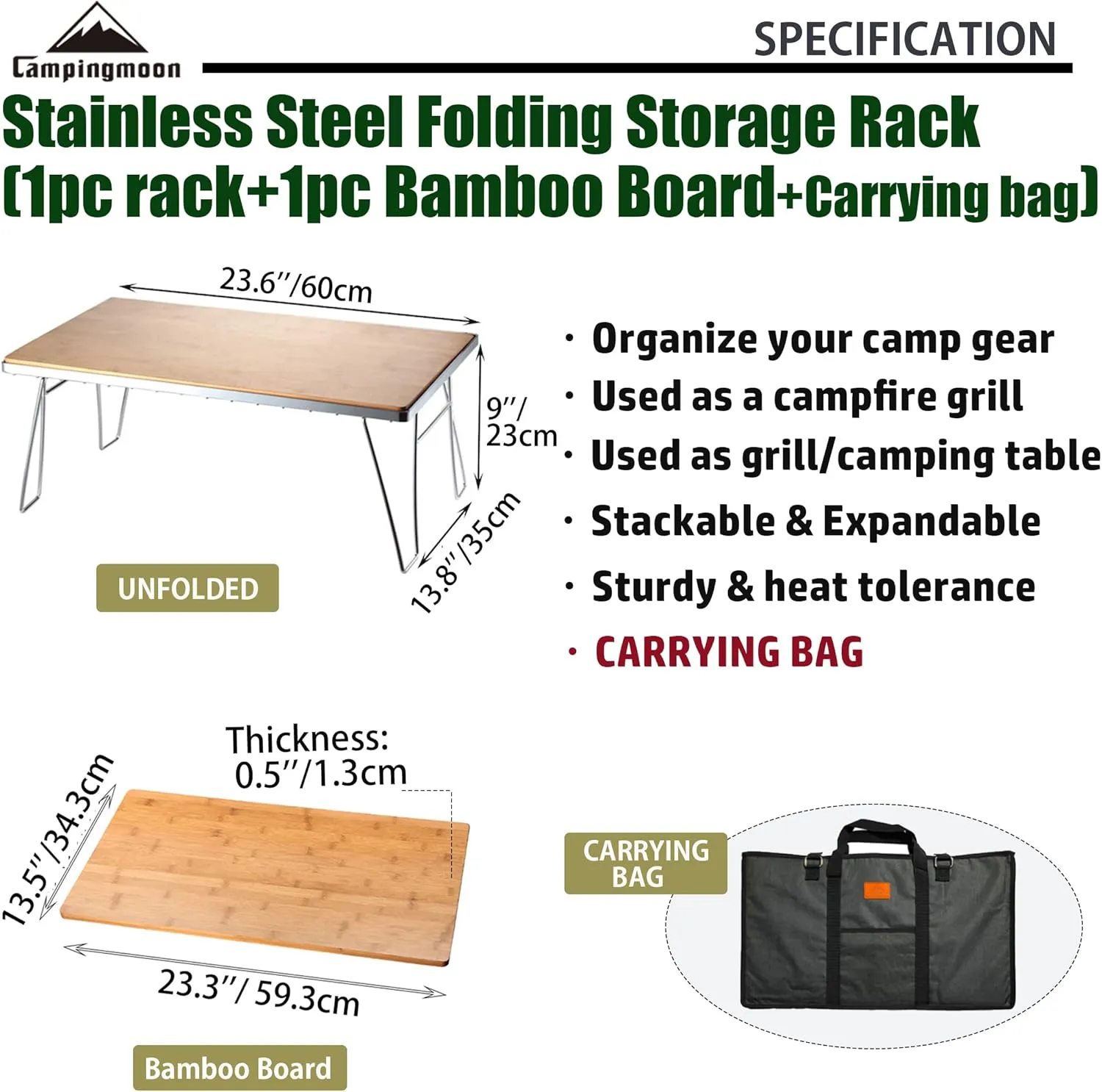 CAMPINGMOON Stainless Steel Foldable Camping Grill Outdoor Multipurpose Stacking Storage Rack with Removable Bamboo Board, Storage Bag T-230A-TP