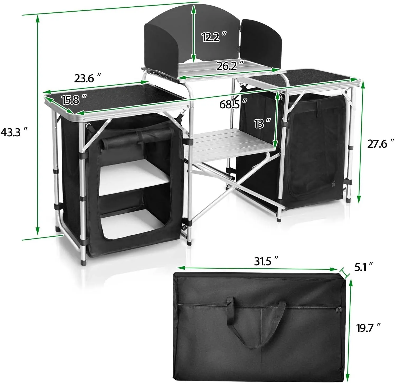 CampLand Folding Cooking Table Outdoor Portable Cook Station Aluminum Camping Kitchen with Storage Organizer, Windscreen, Hooks for BBQ, Party (Black2cabinet)