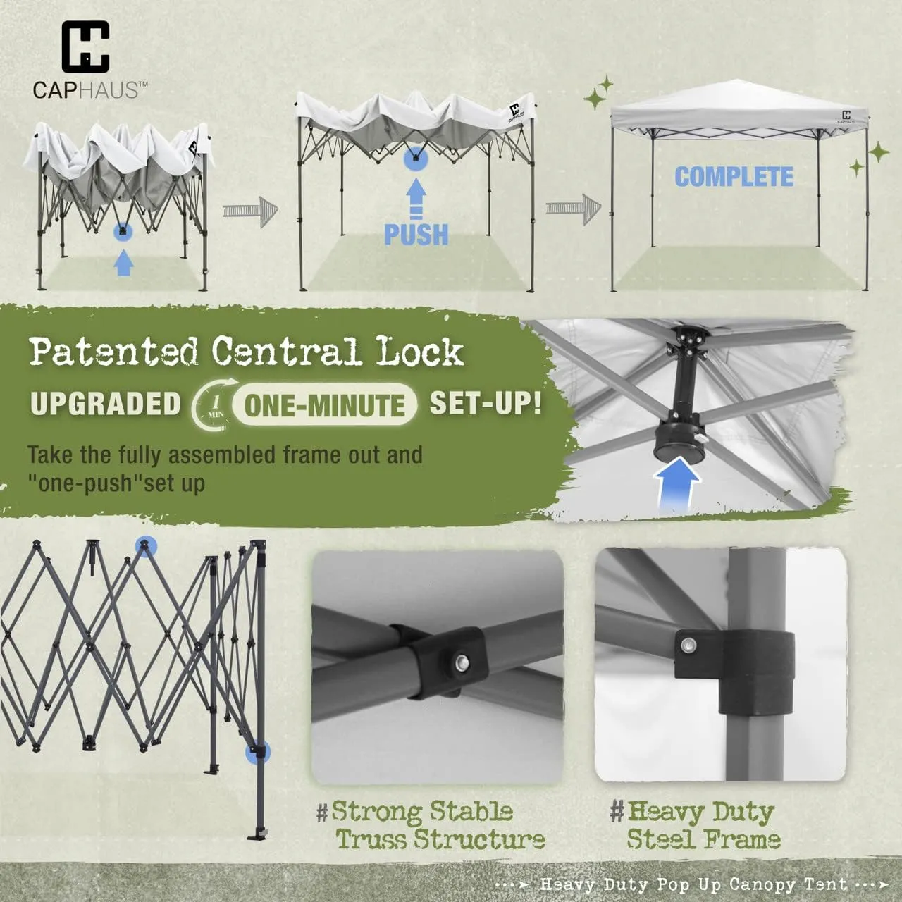 CAPHAUS 12ft x 12ft Patented One-Push Pop Up Outdoor Canopy Tent, Heavy-Duty Commercial Grade w/Central Lock, Portable and Instant Folding Shelter with Wheeled Carry Bag and Weight Bag, Blue