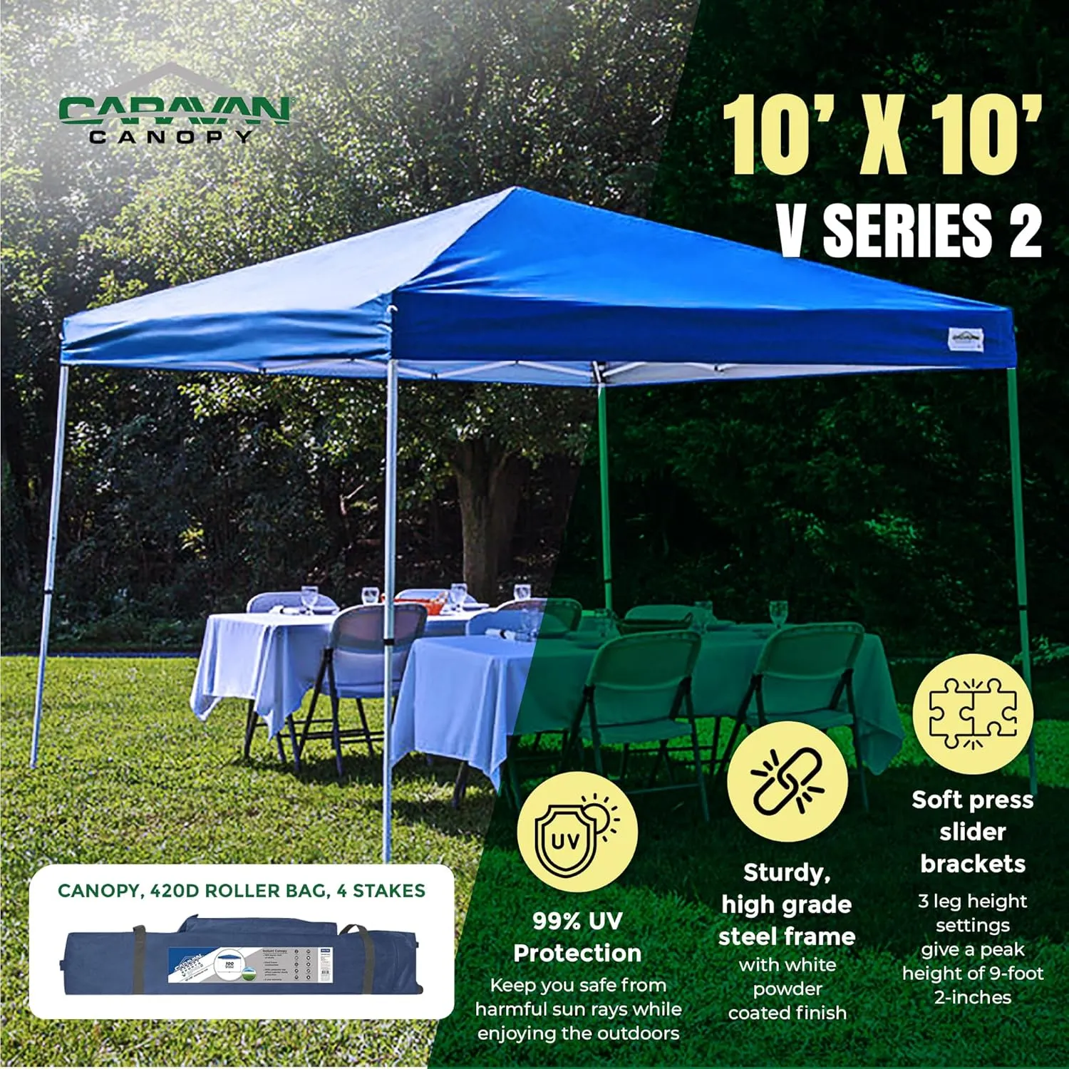 Caravan Canopy Sports 21007800020, 10'x10' Base 8'x8' top, Blue