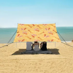 Cartoon Food Fried Shrimp Beach Canopy Tent Anti-UV & Wind Resistant, Camping Sun Shelter Easy Setup Portable,Outdoor Shade Tents with Sandbags,Sand Shovels,Ground Pegs & Stability Poles